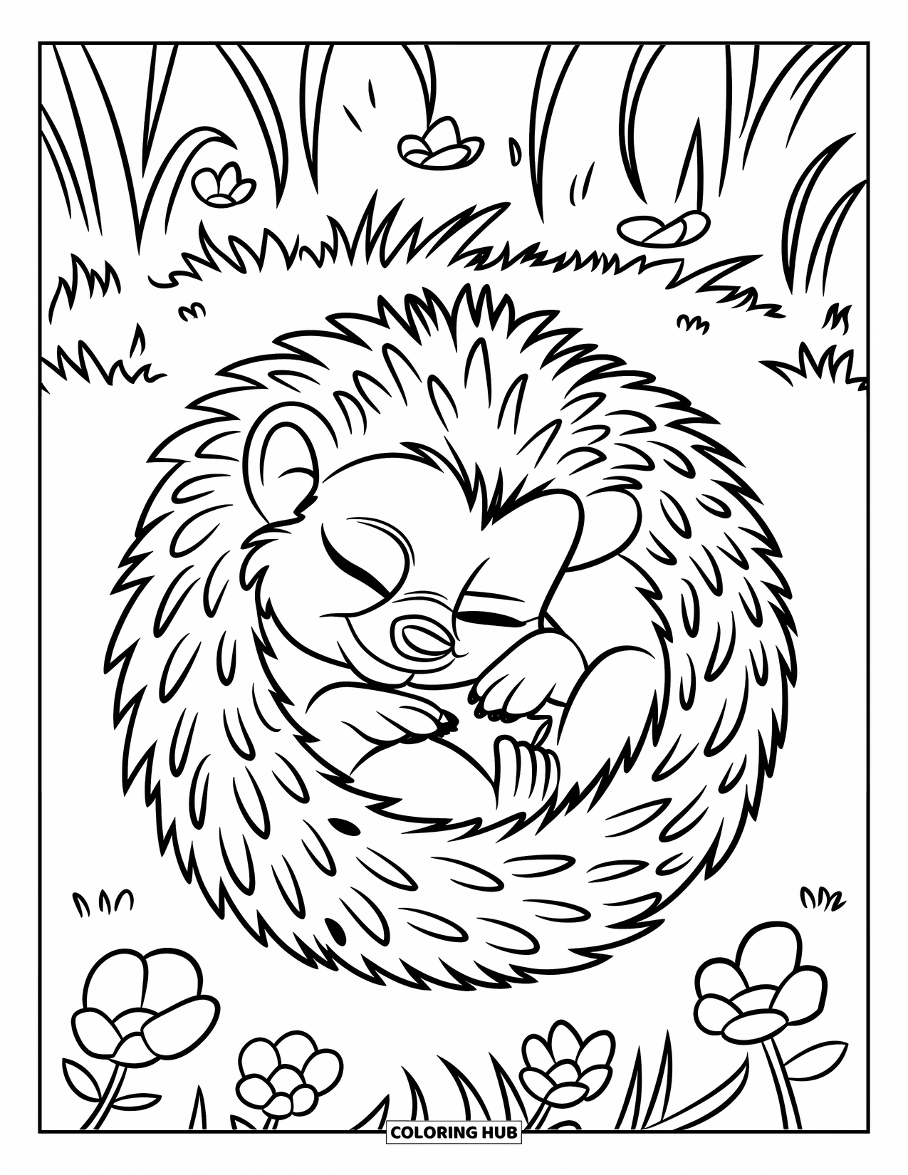 Hedgehog Coloring Page for Kids: A baby hedgehog curls up on the grass, surrounded by flowers