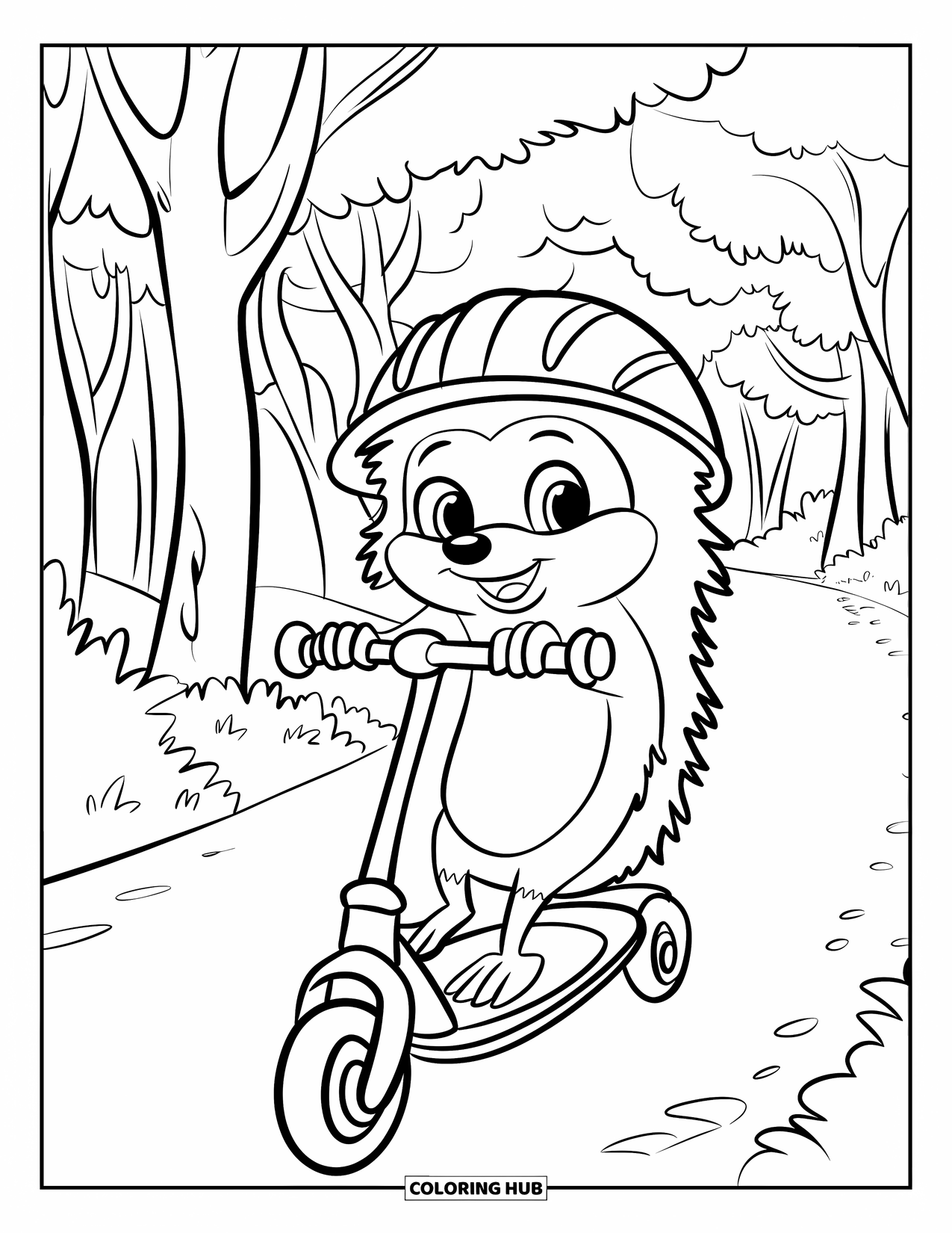 Hedgehog Coloring Page for Kids: A cheerful hedgehog rides a scooter down a peaceful forest path