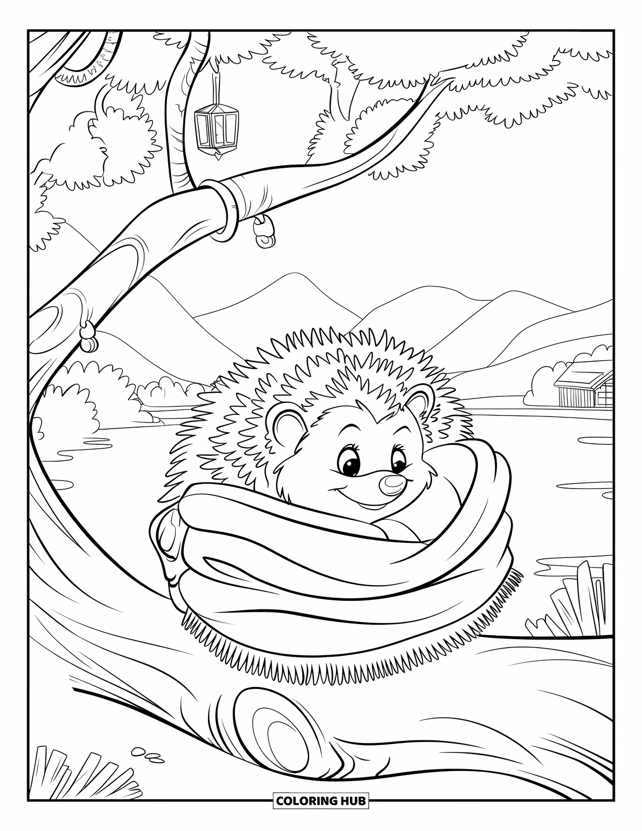 Hedgehog Coloring Page for Kids: A cozy hedgehog rests in a blanket tied with a peg on a tree branch