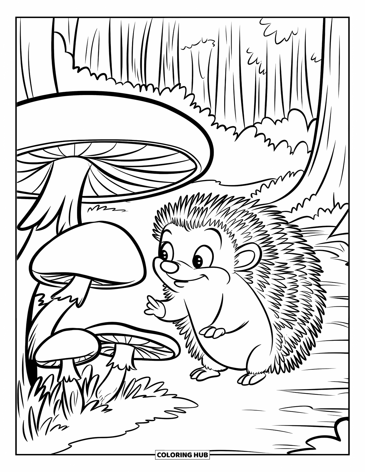 Hedgehog Coloring Page for Kids: A curious hedgehog in a hat explores a mushroom trail in the forest