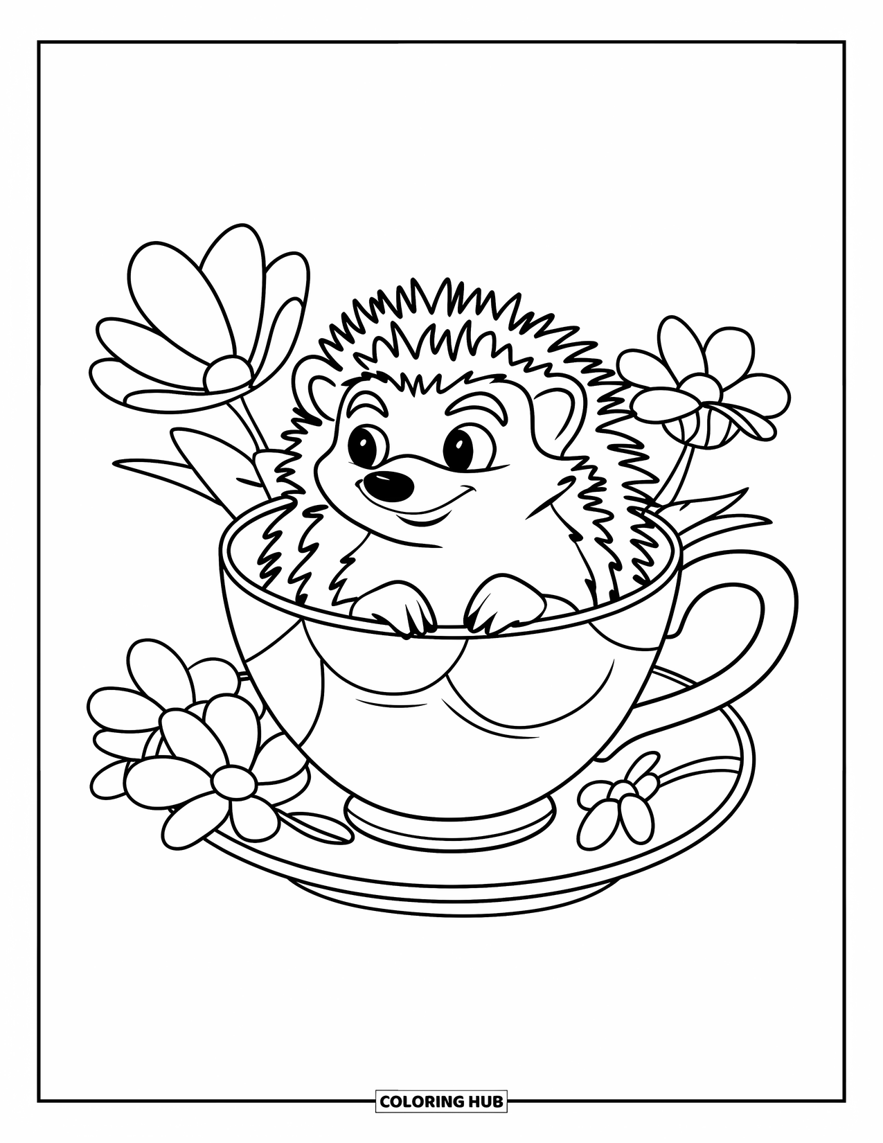 Hedgehog Coloring Page for Kids: A cute hedgehog sits inside a teacup surrounded by delicate flowers
