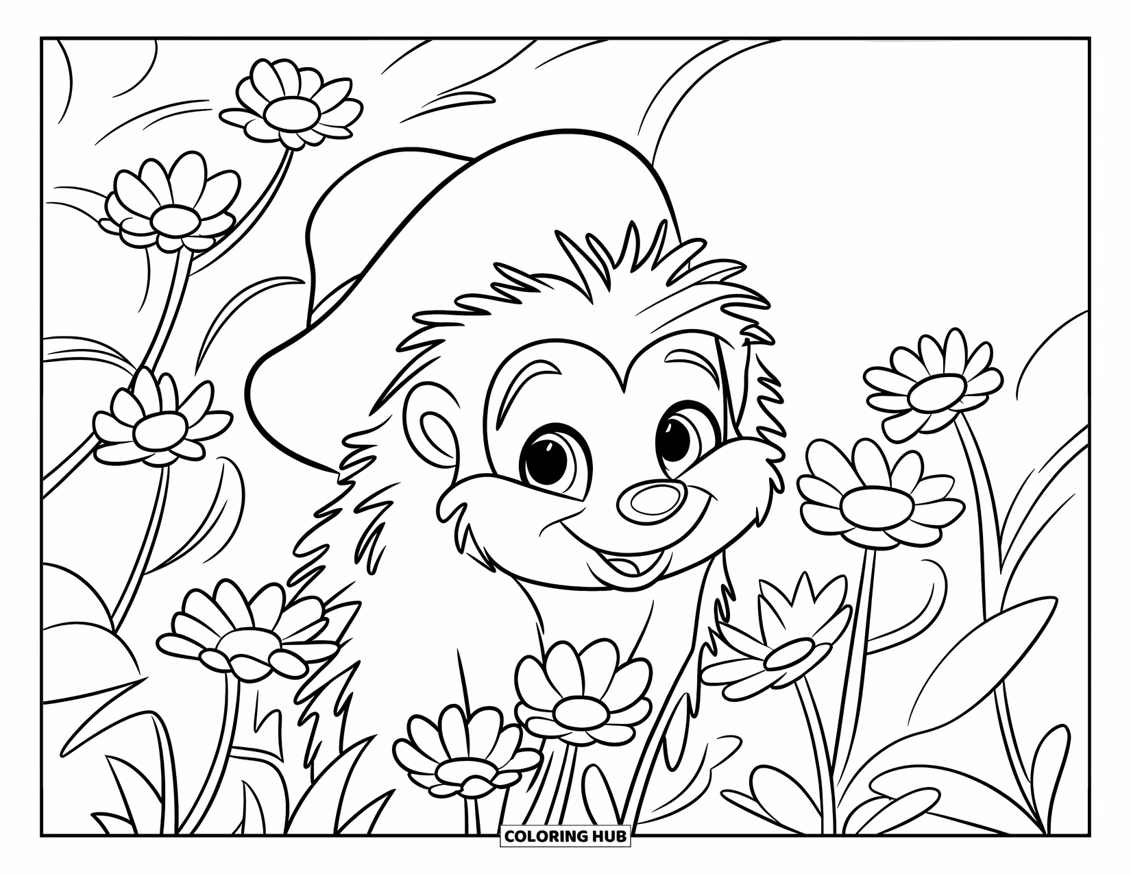 Hedgehog Coloring Page for Kids: A grinning hedgehog in a green hat peeks out from a flower-filled bush