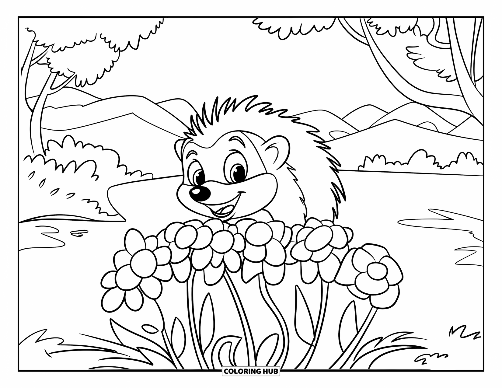 Hedgehog Coloring Page for Kids: A happy hedgehog peeks from behind a flower bush with mountains in view