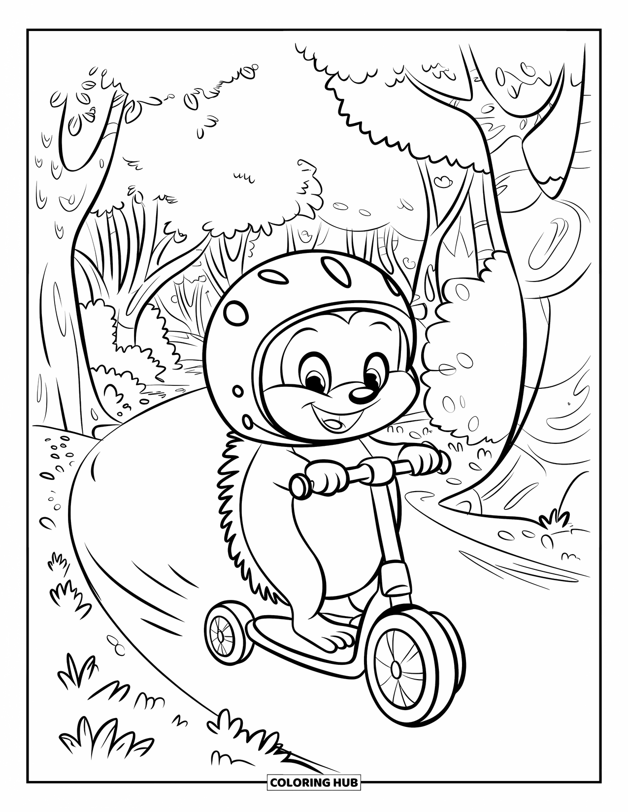 Hedgehog Coloring Page for Kids: A happy hedgehog rides a scooter with a basket through a quiet forest