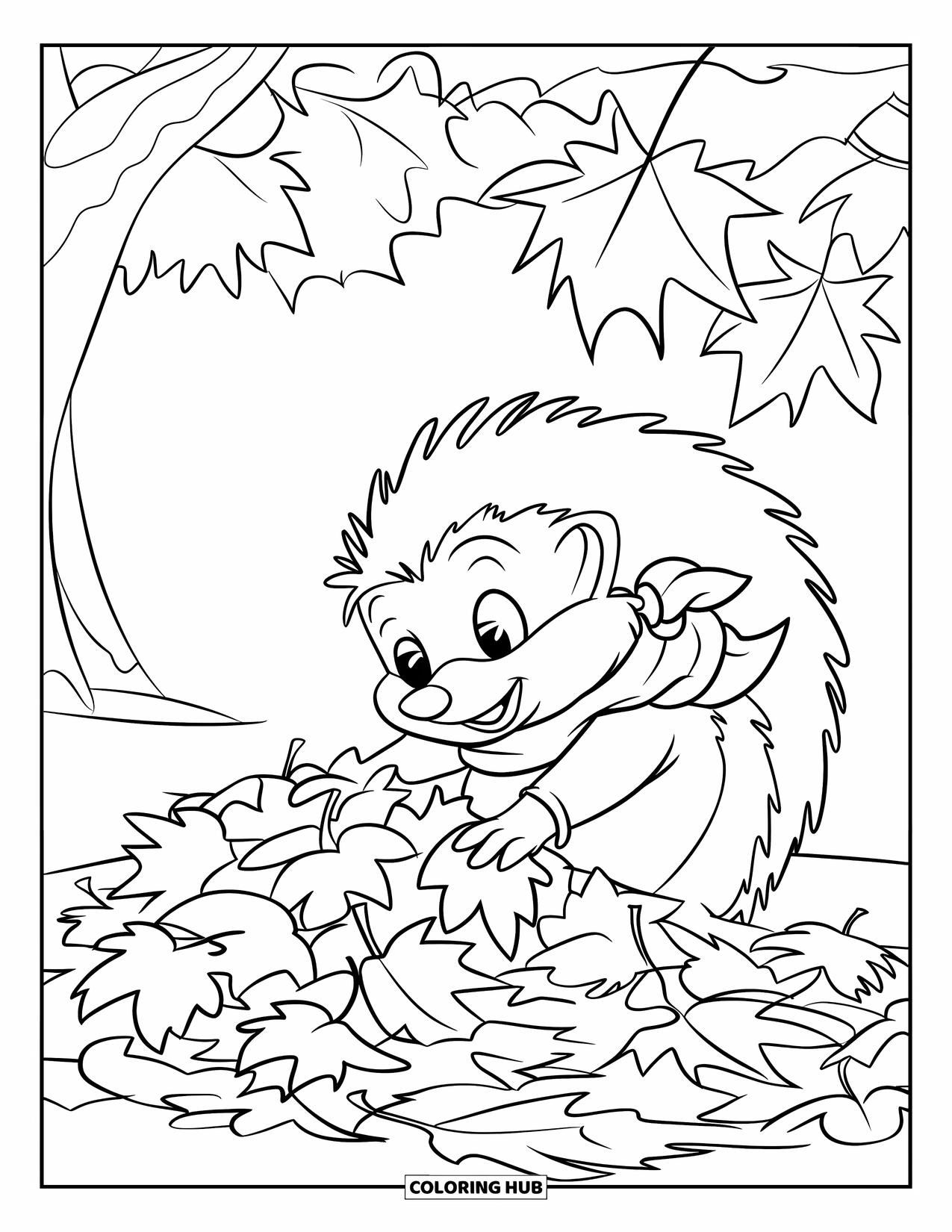 Hedgehog Coloring Page for Kids: A hedgehog builds a pile of leaves in a fall forest wearing a cozy scarf