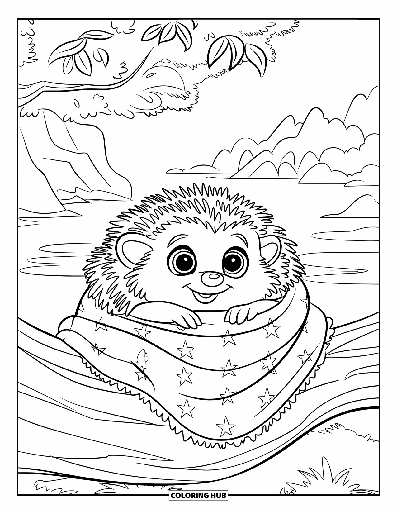 Hedgehog Coloring Page for Kids: A hedgehog cuddles in a blanket on a tree branch above a peaceful landscape