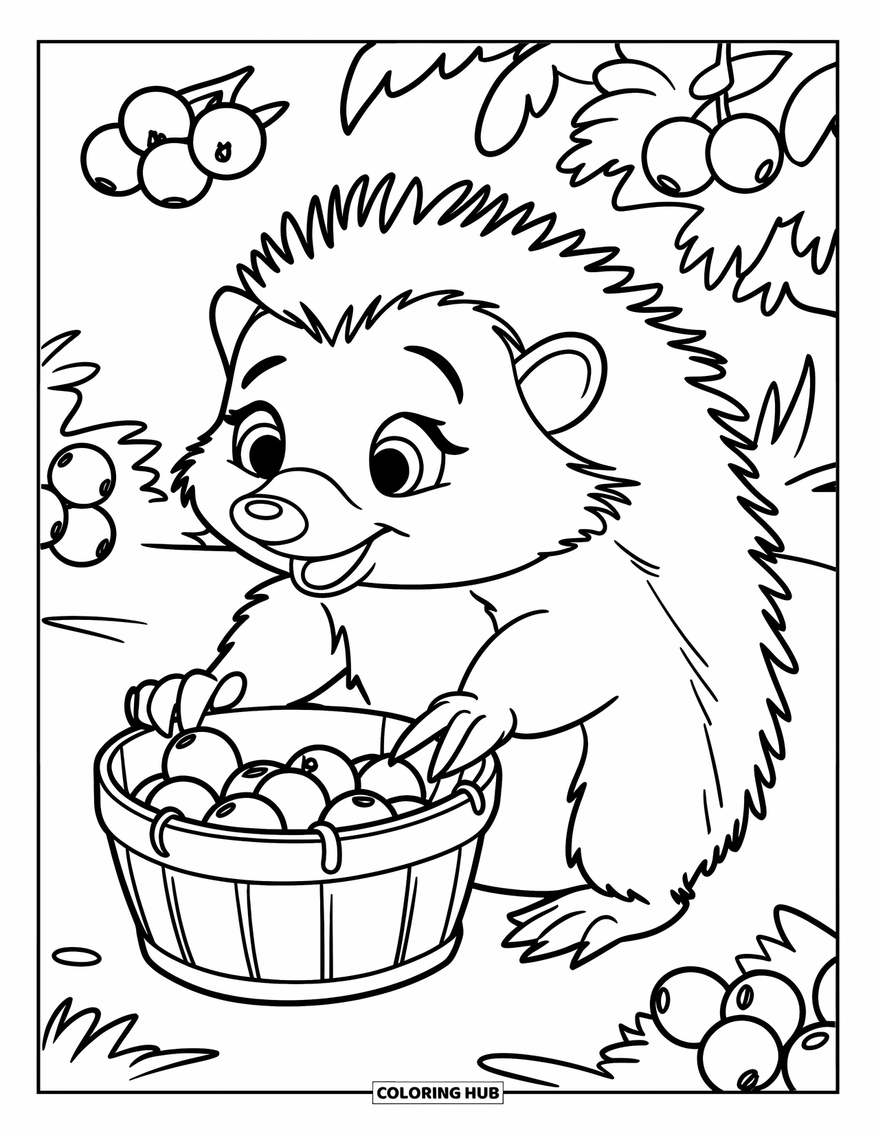 Hedgehog Coloring Page for Kids: A hedgehog gathers berries in a basket surrounded by leafy bushes
