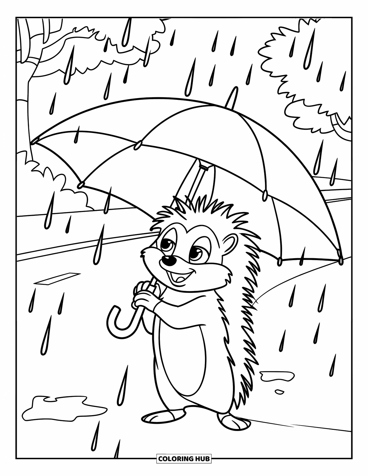 Hedgehog Coloring Page for Kids: A hedgehog holds a big umbrella as rain falls over a tree-lined road