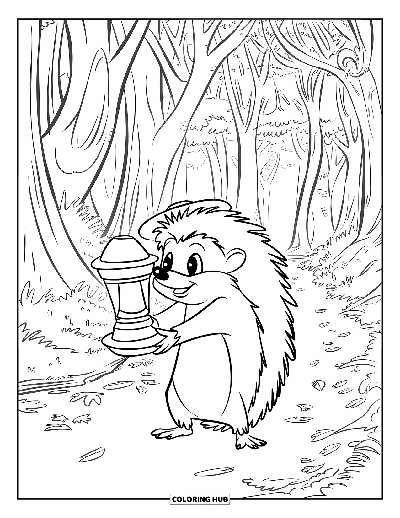 Hedgehog Coloring Page for Kids: A hedgehog holds a lamp on a forest path lit by tall trees and fallen leaves