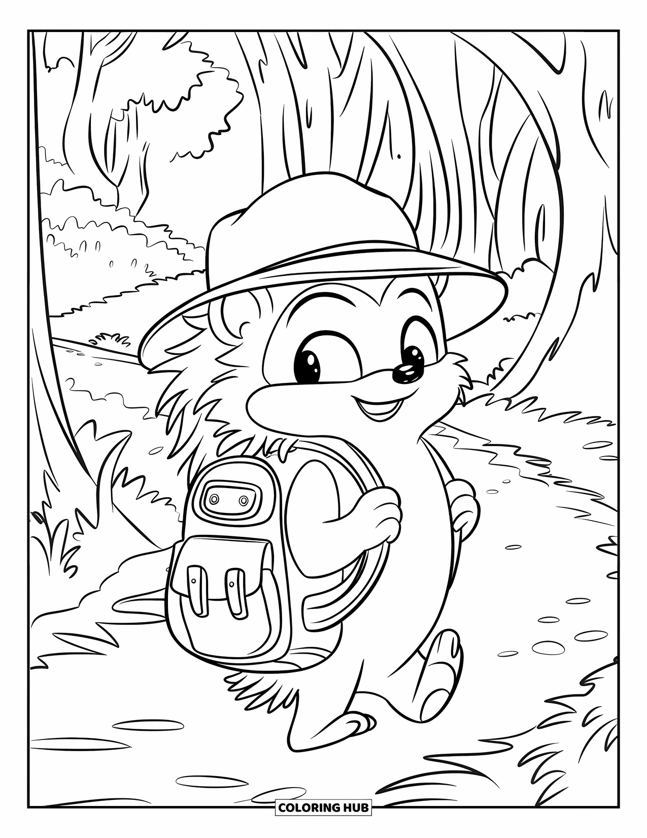 Hedgehog Coloring Page for Kids: A hedgehog in a backpack explores a rustic trail among woodland trees