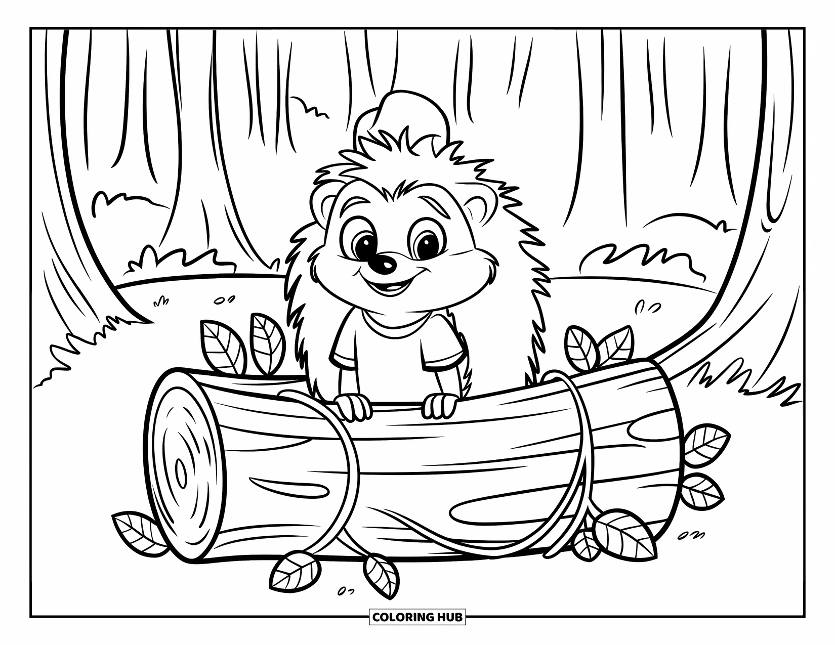 Hedgehog Coloring Page for Kids: A hedgehog in a hat and shirt sits inside a vine-wrapped log in the woods