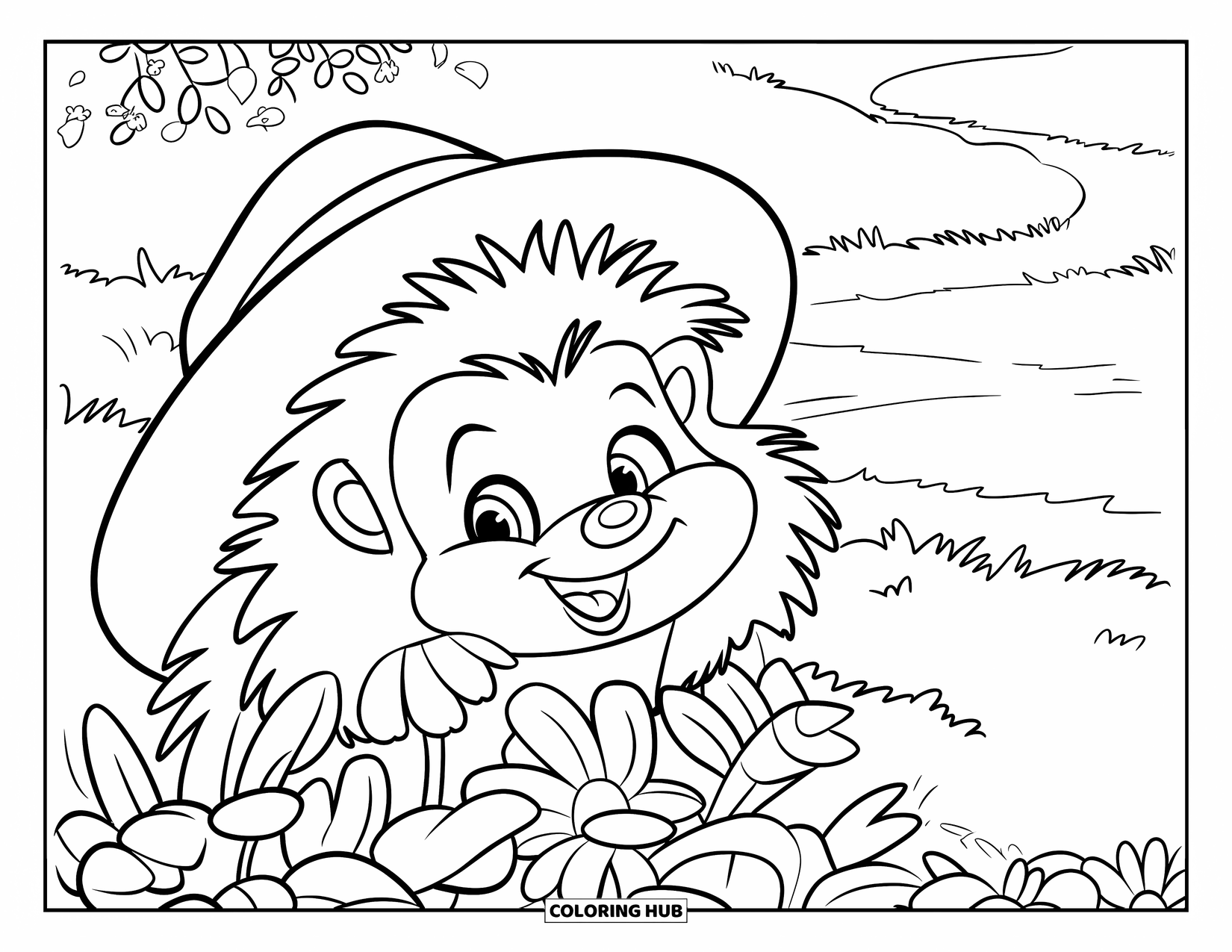 Hedgehog Coloring Page for Kids: A hedgehog in a hat peeks from behind flowers in a sunny meadow