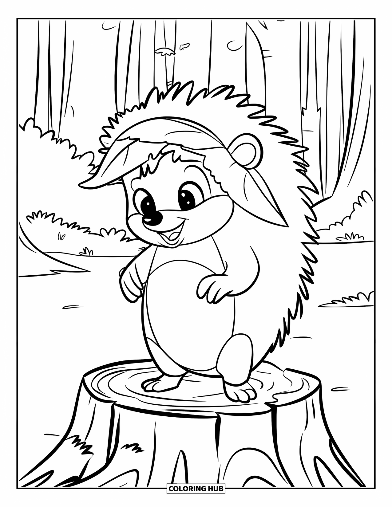 Hedgehog Coloring Page for Kids: A hedgehog in a leaf hat stands cheerfully on a tree stump