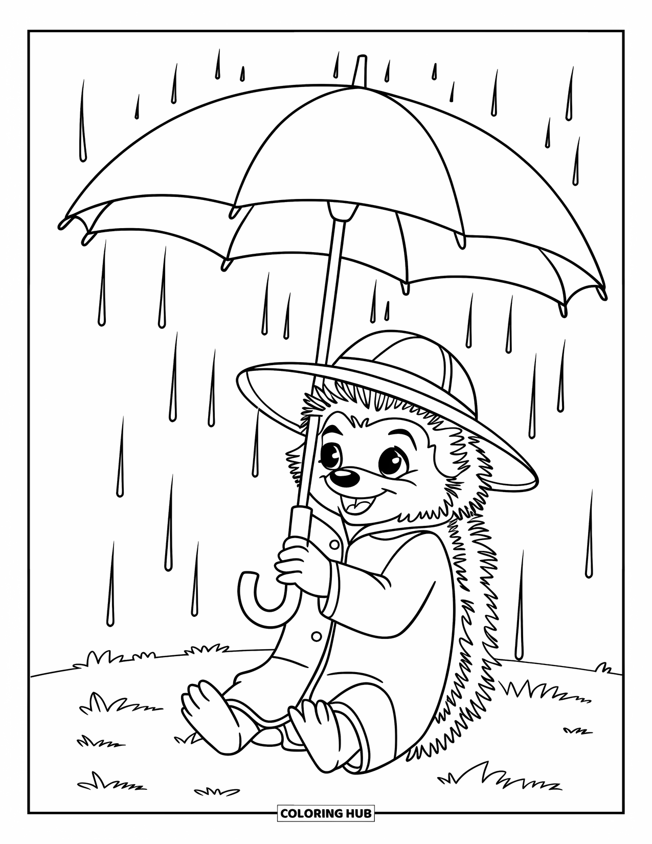 Hedgehog Coloring Page for Kids: A hedgehog in a raincoat sits under an umbrella in a grassy field