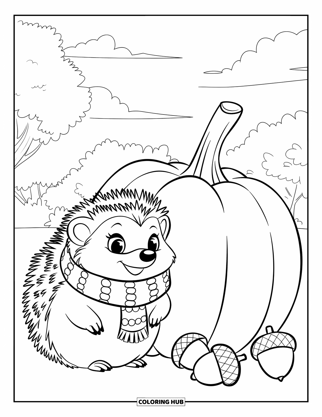 Hedgehog Coloring Page for Kids: A hedgehog in a scarf smiles beside a pumpkin in a calm, leafy setting