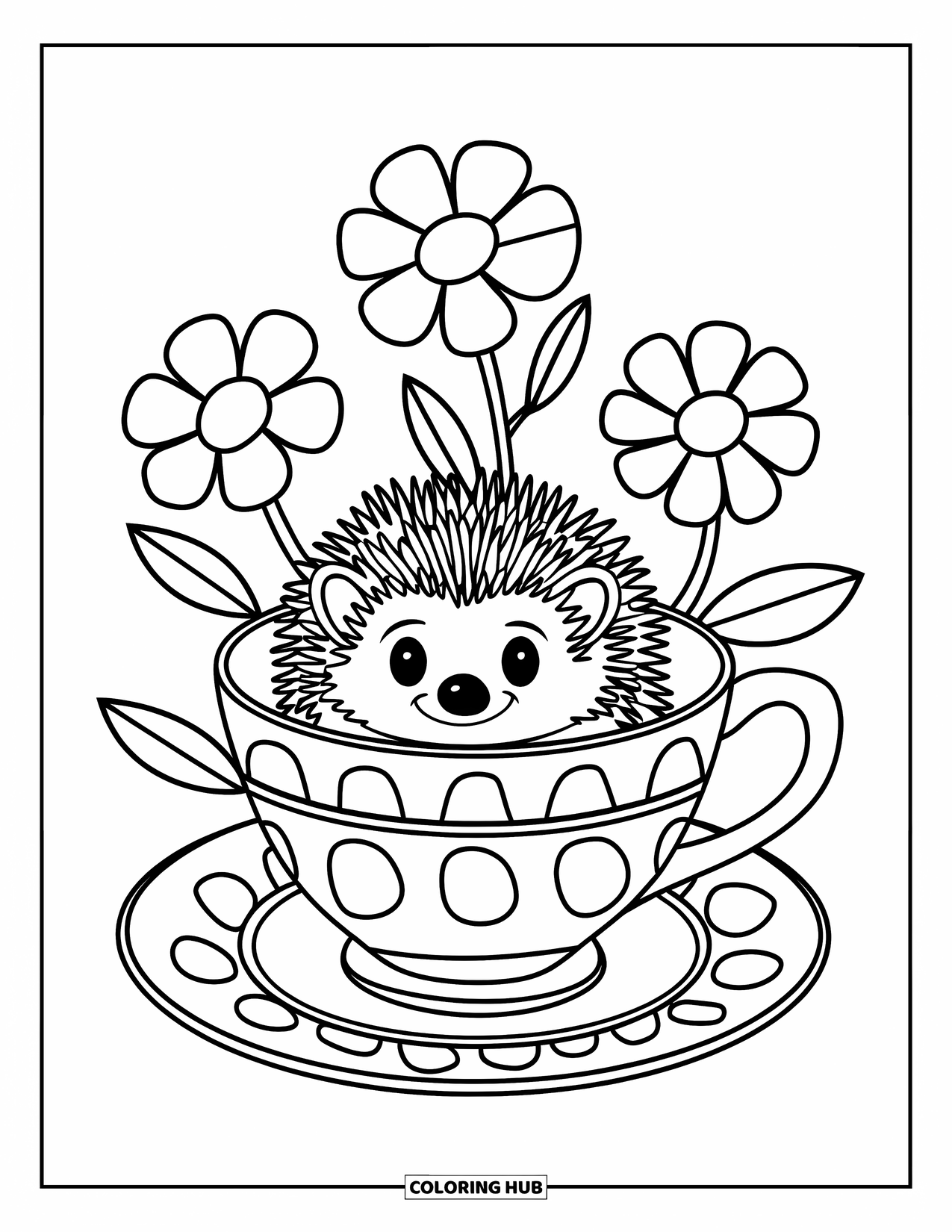 Hedgehog Coloring Page for Kids: A hedgehog in a teacup sits among flowers in a modern, expressive style