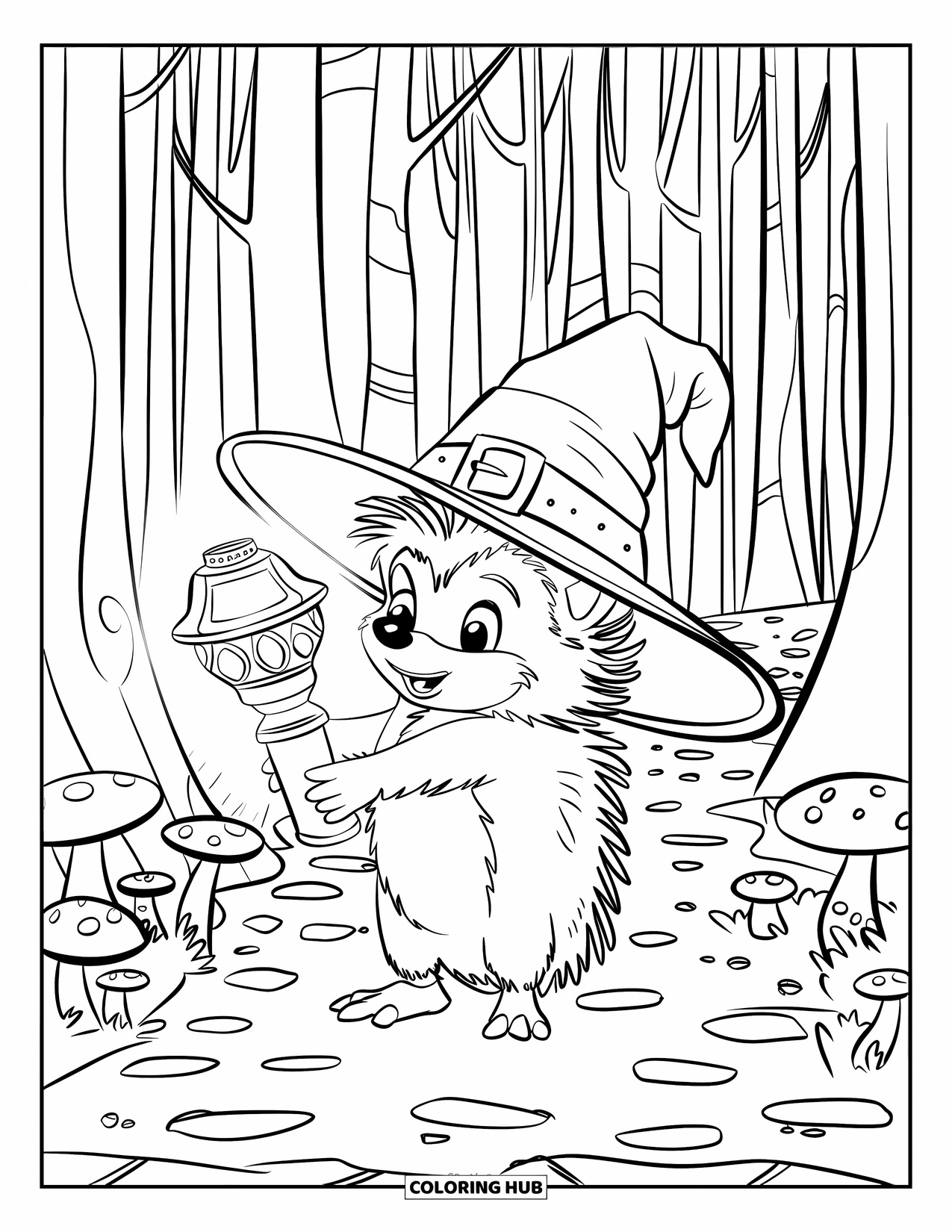 Hedgehog Coloring Page for Kids: A hedgehog in a wizard hat explores a stone path lit by a lamp and mushrooms