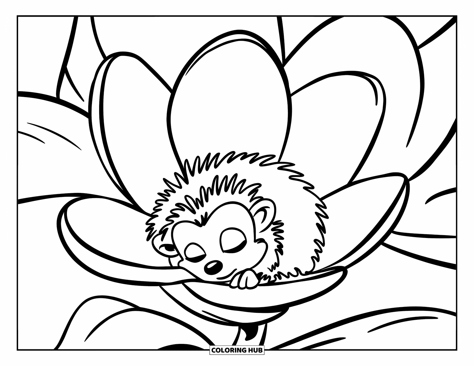 Hedgehog Coloring Page for Kids: A hedgehog naps inside a large flower with soft, bold petals
