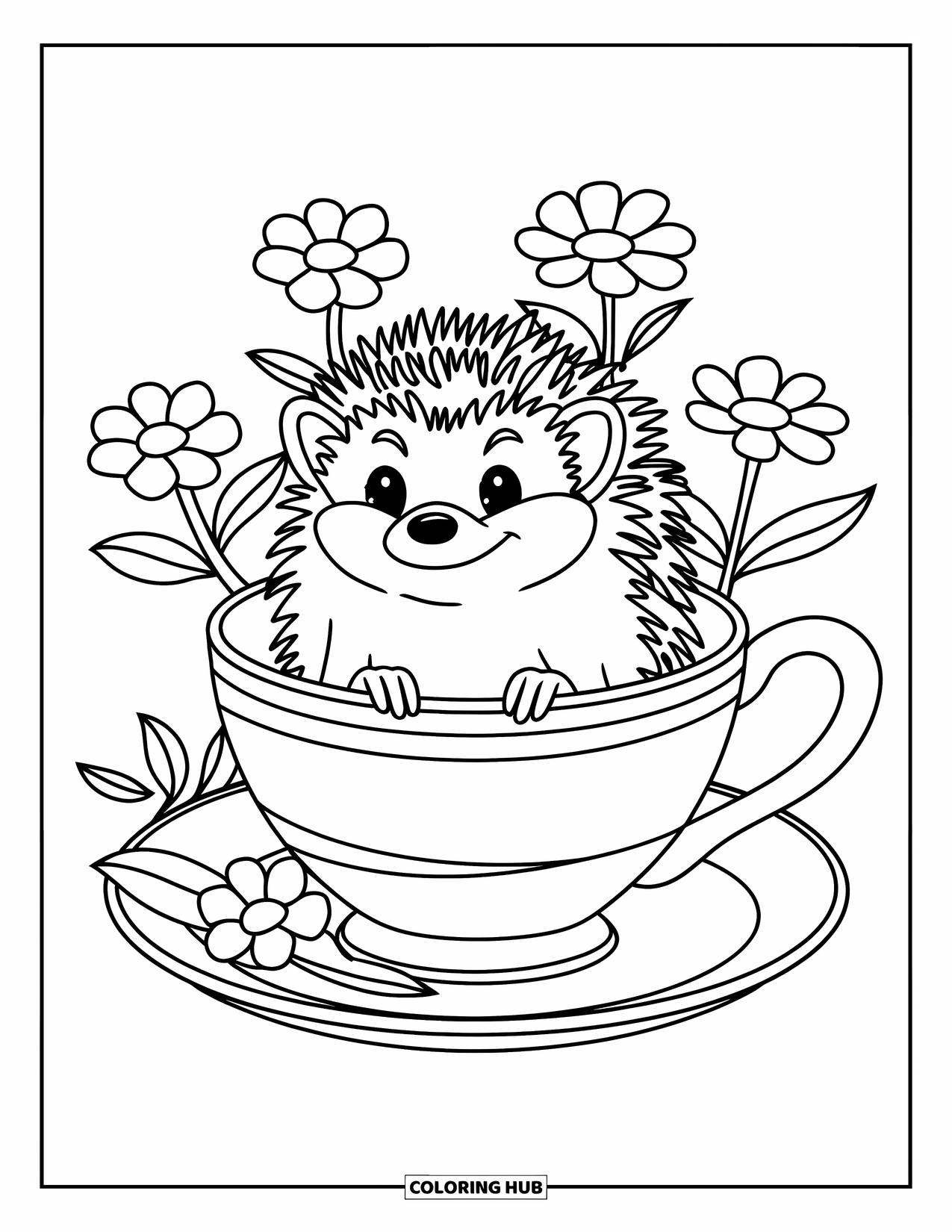 Hedgehog Coloring Page for Kids: A hedgehog relaxes in a teacup with flowers placed around it