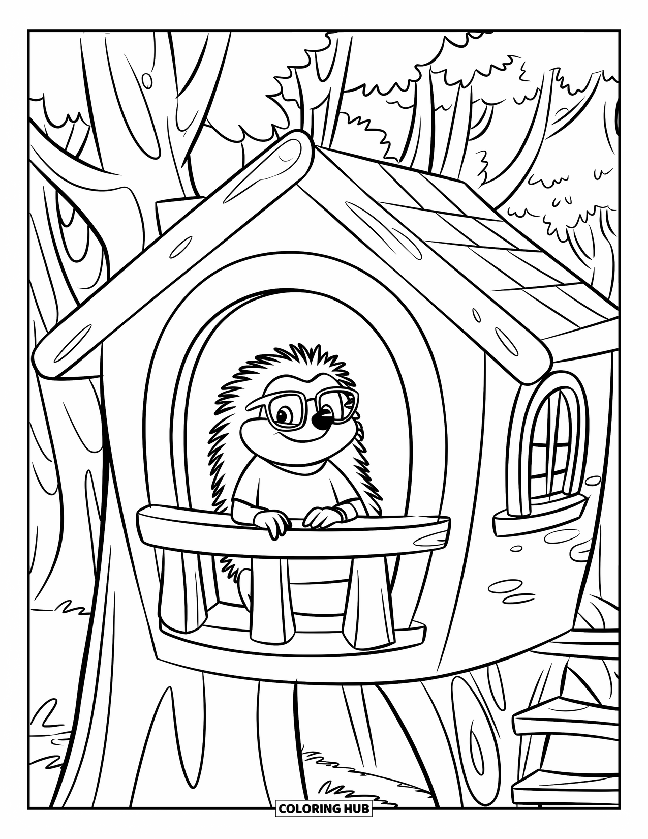 Hedgehog Coloring Page for Kids: A hedgehog relaxes on a balcony of a treehouse deep in the forest