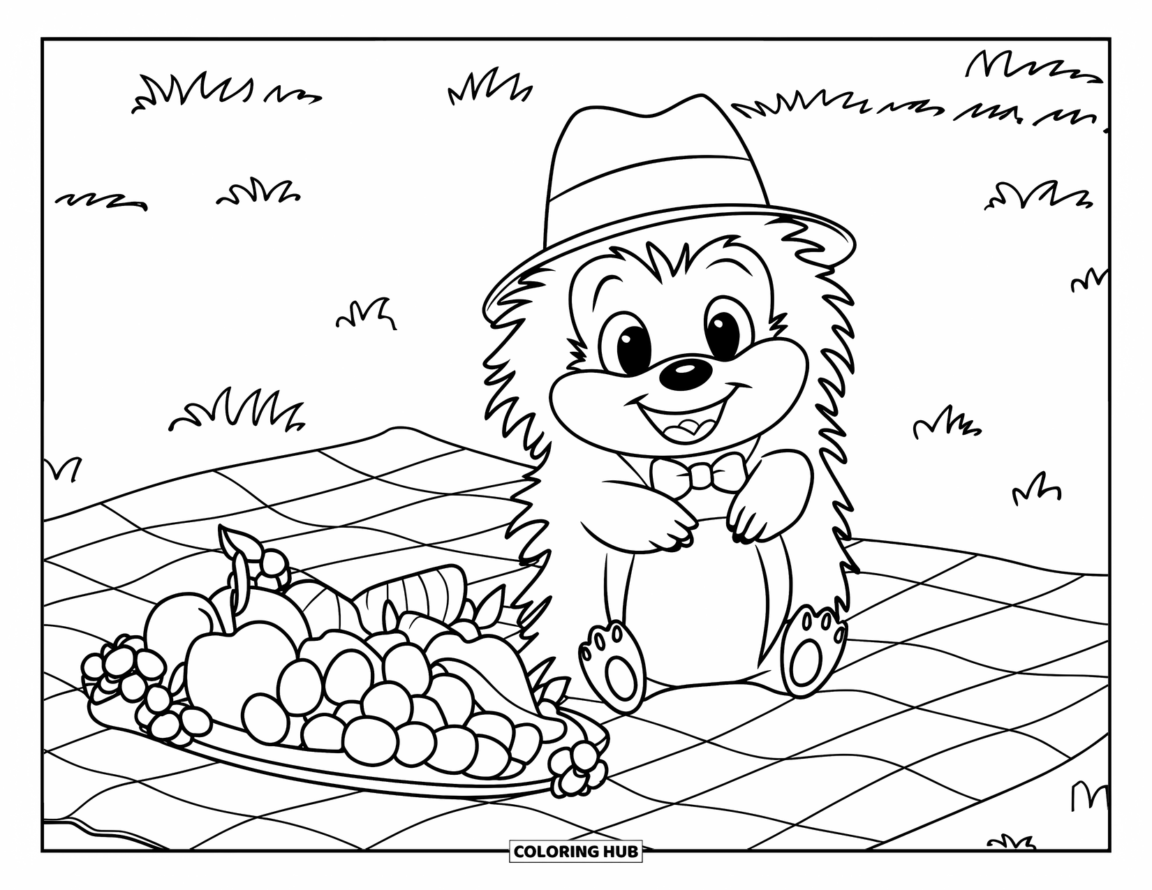 Hedgehog Coloring Page for Kids: A hedgehog sits near a picnic blanket filled with fruit and flowers