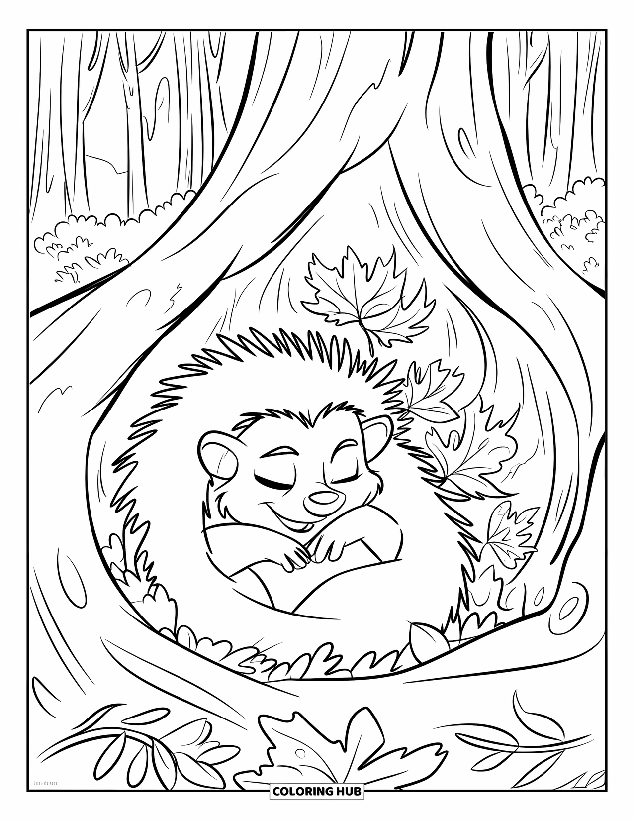 Hedgehog Coloring Page for Kids: A hedgehog sleeps peacefully under autumn leaves in a forest nook