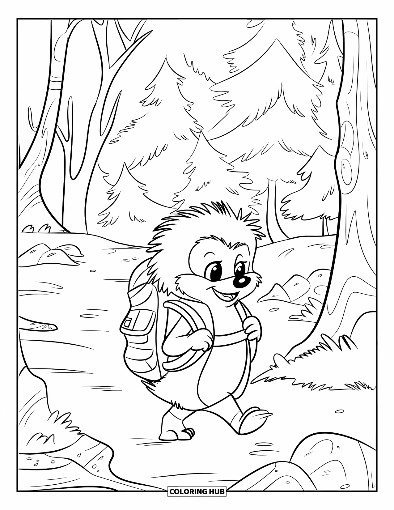 Hedgehog Coloring Page for Kids: A hedgehog treks a leafy path with a pack, hat, and rocky trail
