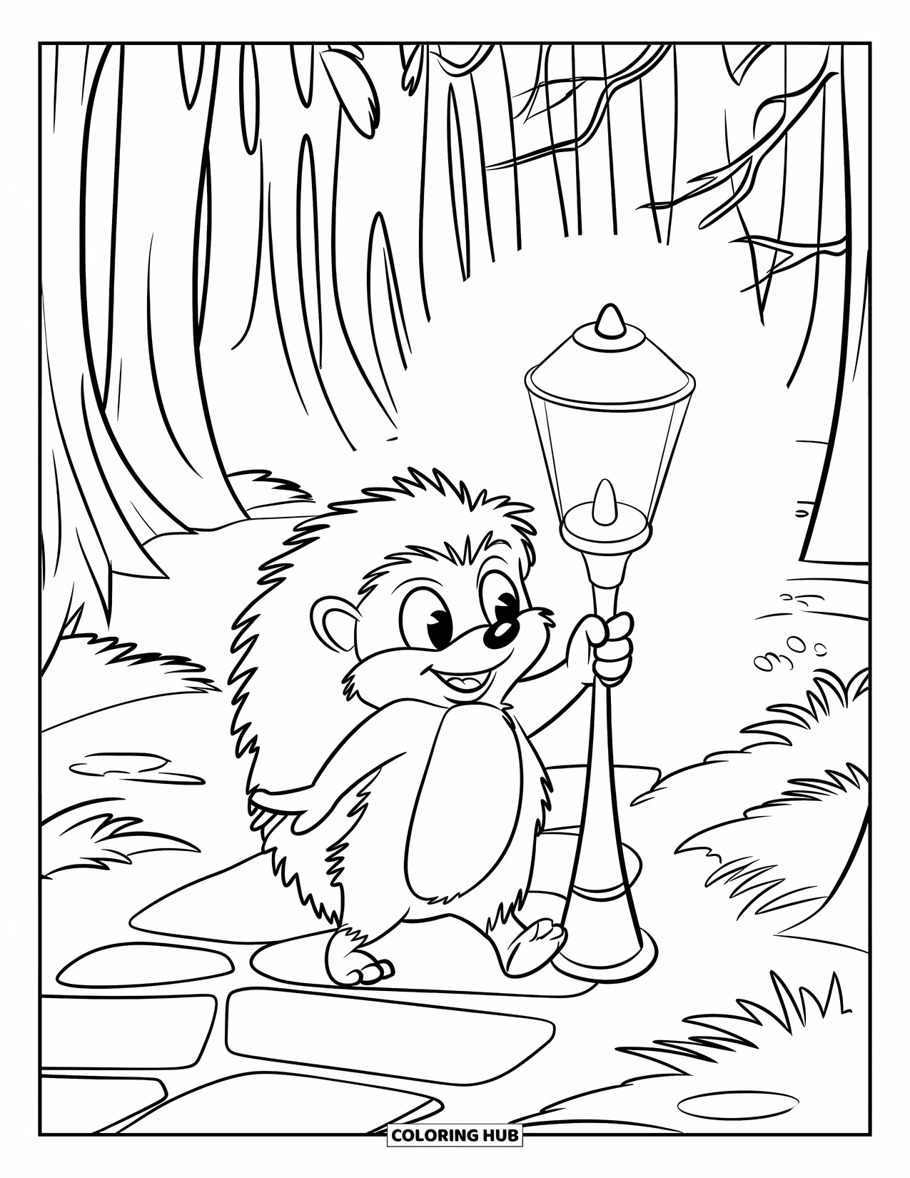 Hedgehog Coloring Page for Kids: A hedgehog walks a dark path with a lamp under arching trees and leaves