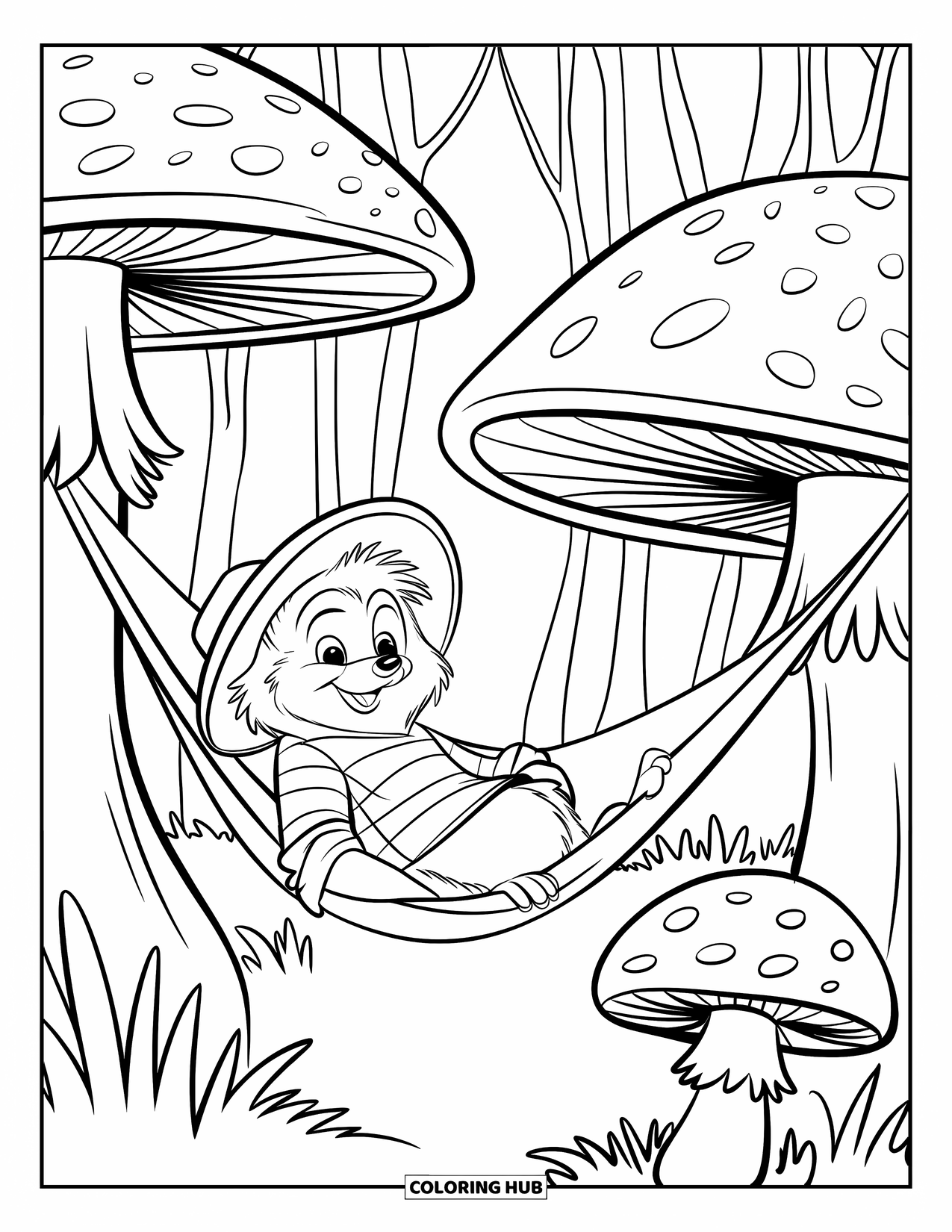 Hedgehog Coloring Page for Kids: A hedgehog wearing a hat swings in a mushroom hammock in the forest