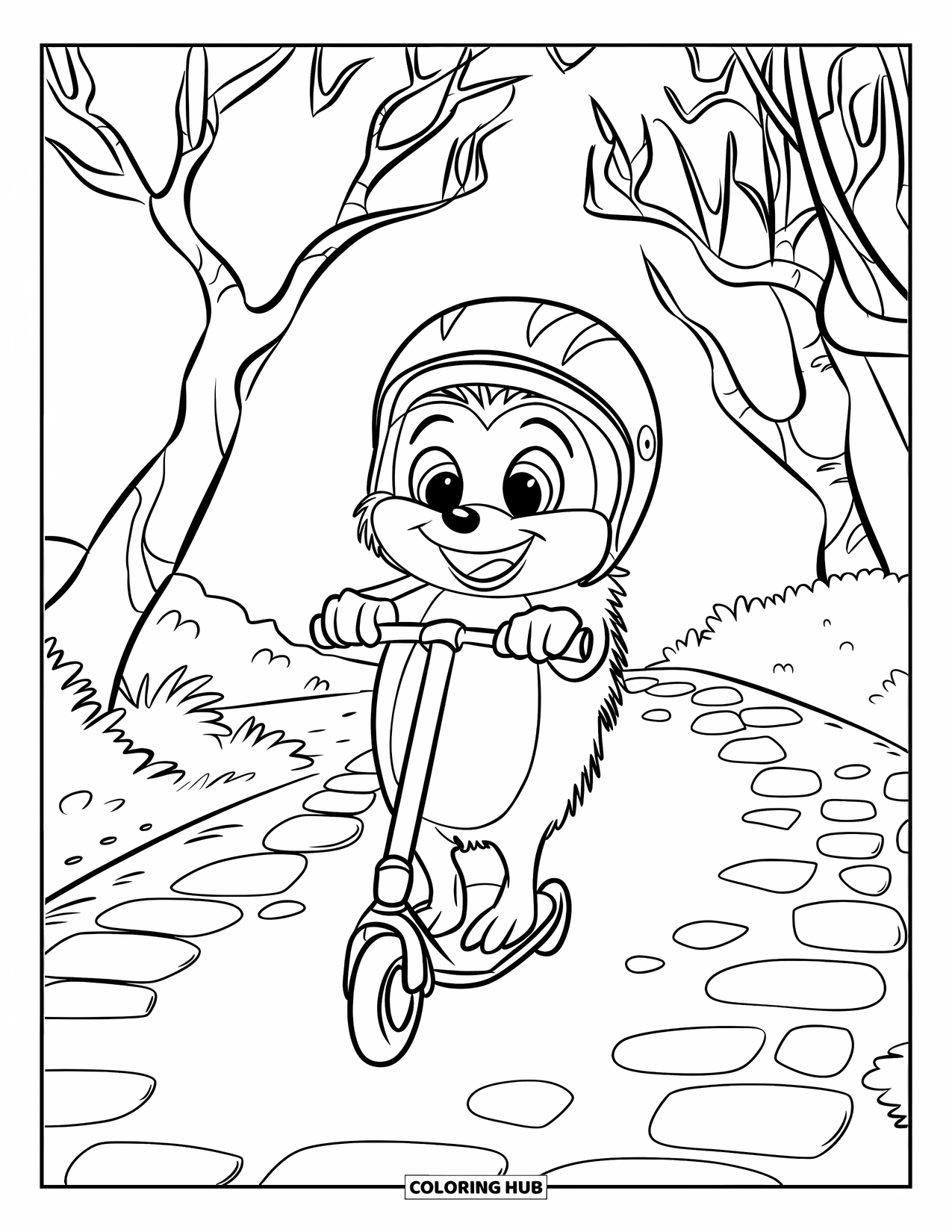 Hedgehog Coloring Page for Kids: A hedgehog with a big smile scoots along cobblestones under bare trees