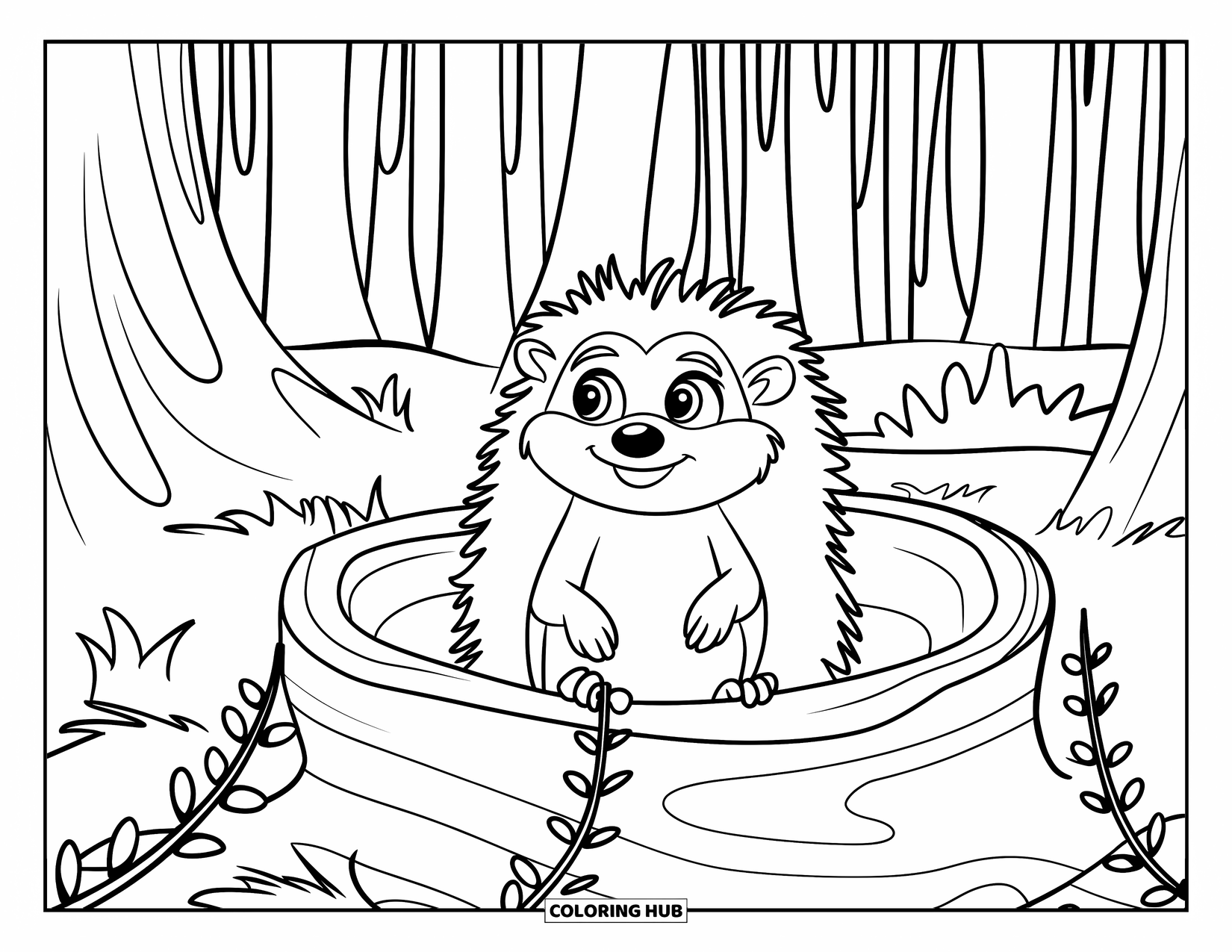 Hedgehog Coloring Page for Kids: A hedgehog with a friendly smile rests in a log wrapped with forest vines