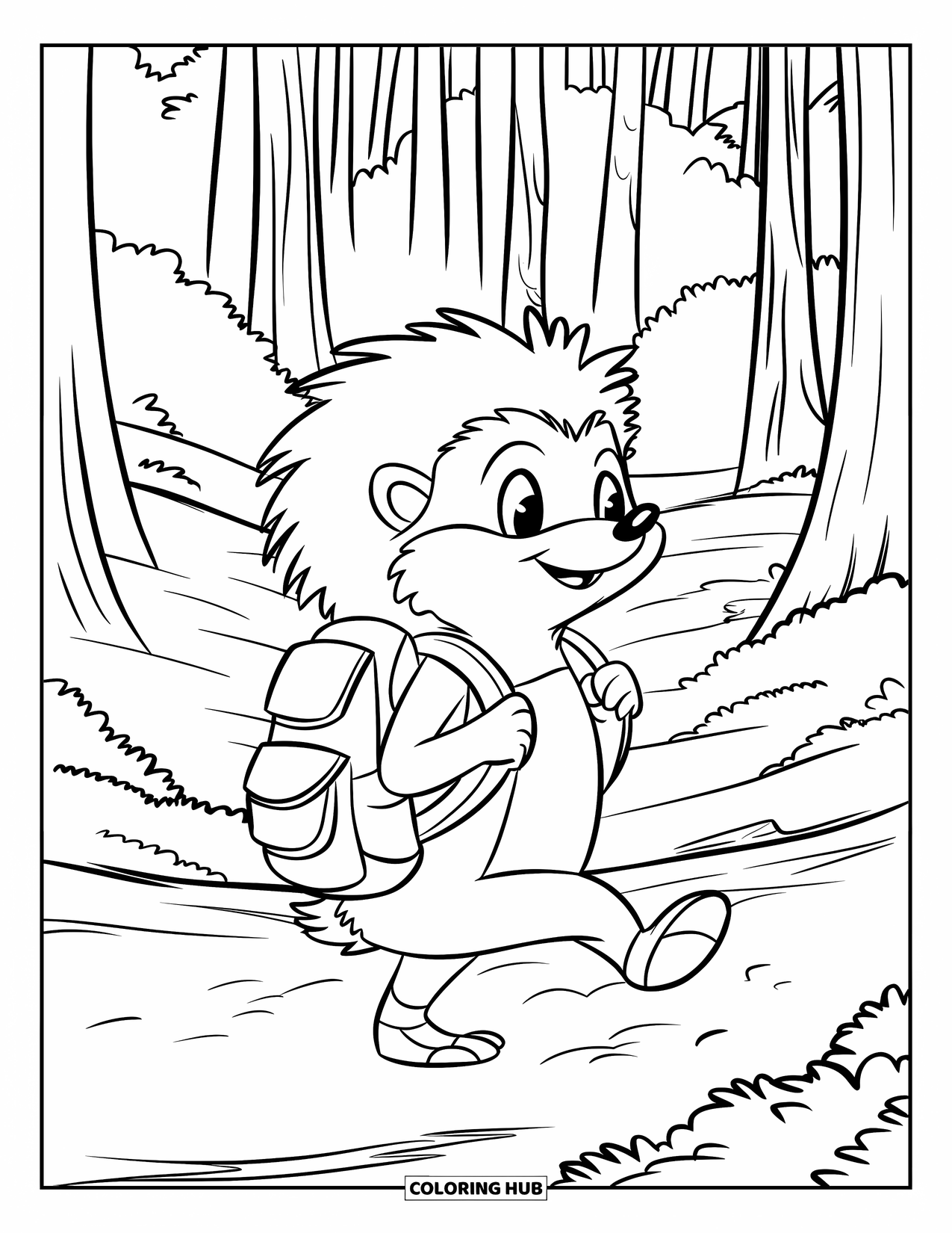 Hedgehog Coloring Page for Kids: A hedgehog with a pack walks a forest path under tall trees