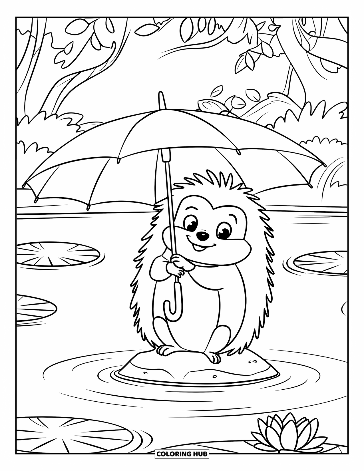 Hedgehog Coloring Page for Kids: A hedgehog with an umbrella sits on a rock in a lake surrounded by lilies