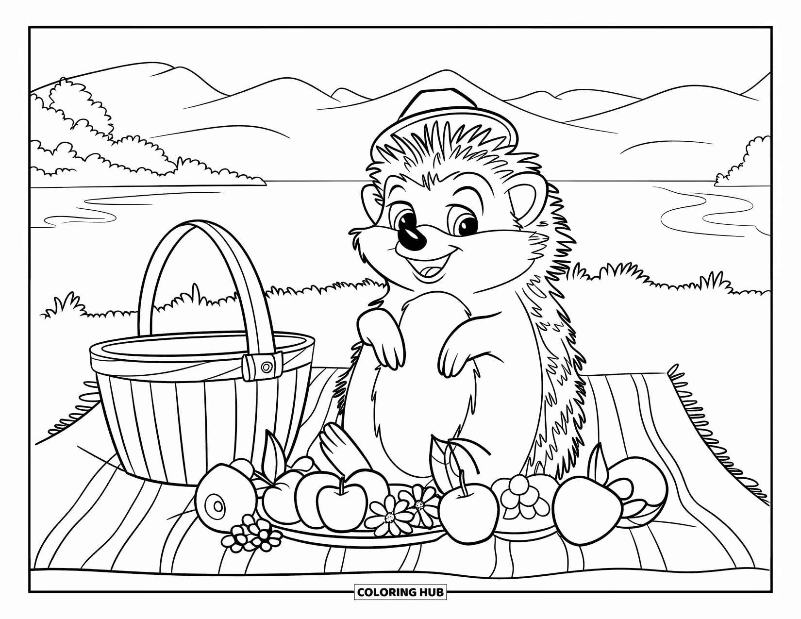 Hedgehog Coloring Page for Kids: A peaceful hedgehog sits near a picnic with a basket and mountain view