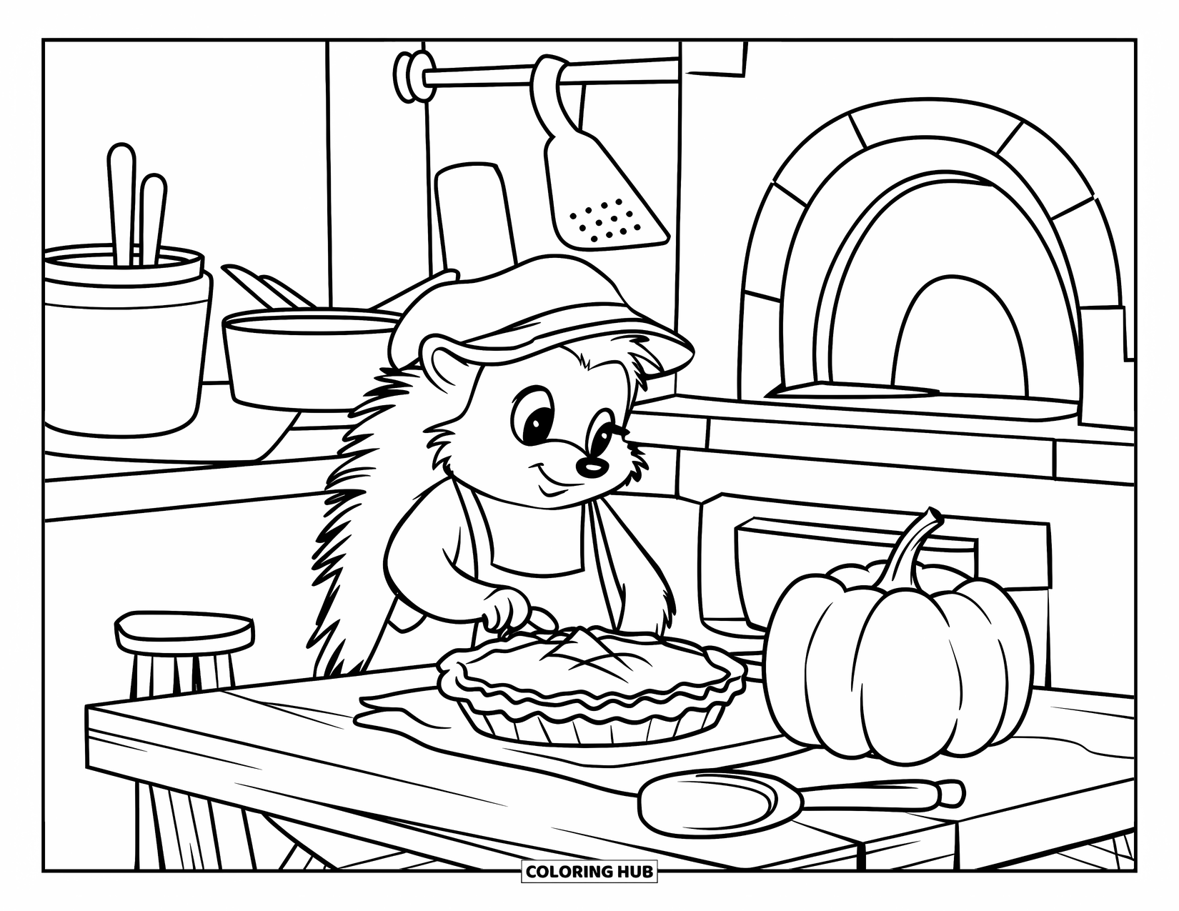 Hedgehog Coloring Page for Kids: A pie-baking hedgehog works beside a wooden table and brick oven outdoors
