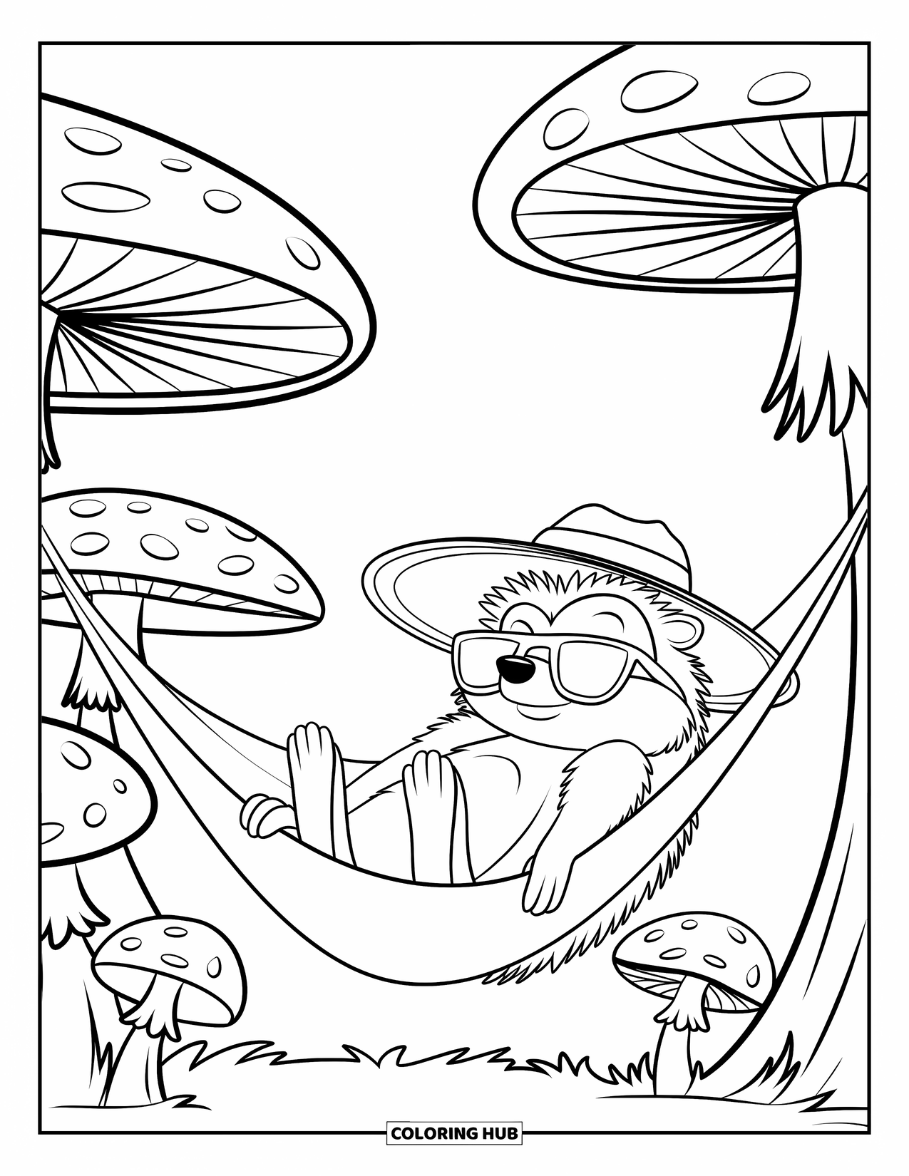 Hedgehog Coloring Page for Kids: A relaxed hedgehog lounges in a hammock tied between two large mushrooms