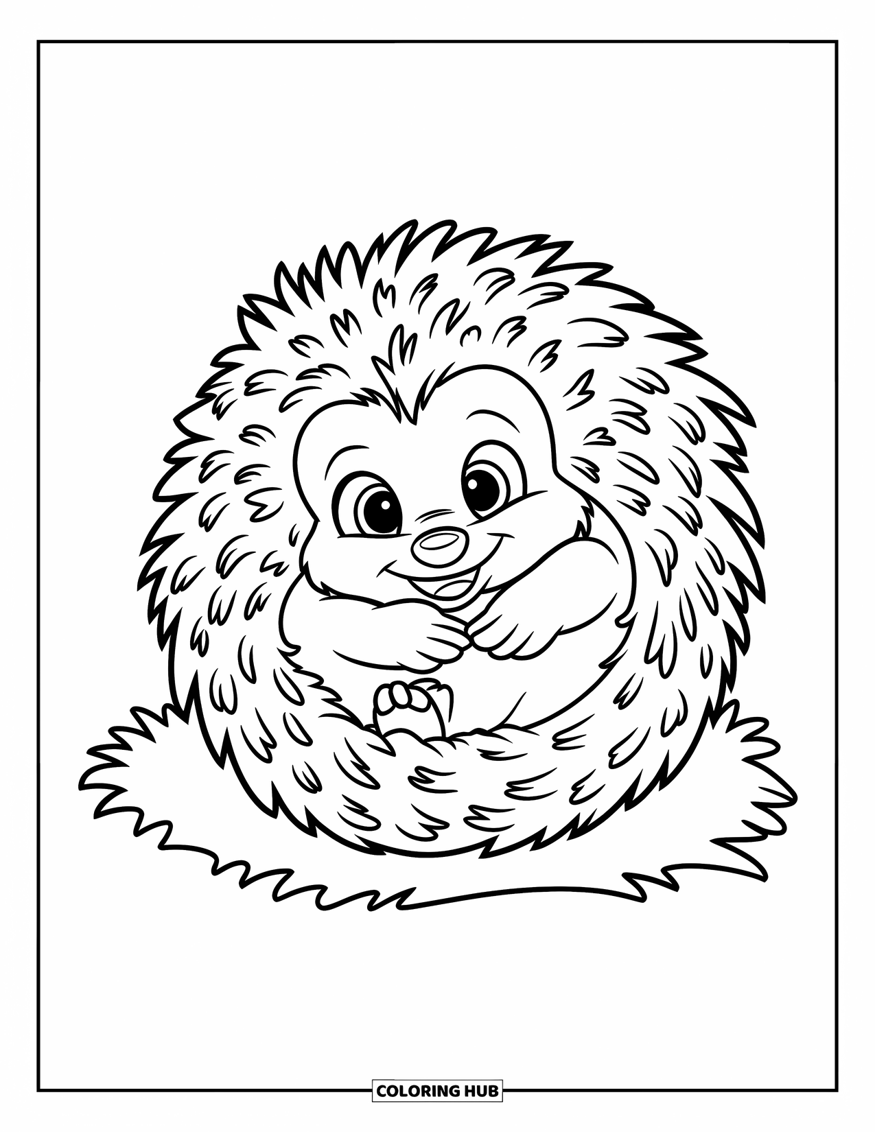 Hedgehog Coloring Page for Kids: A round-faced baby hedgehog naps in the grass with flowers nearby