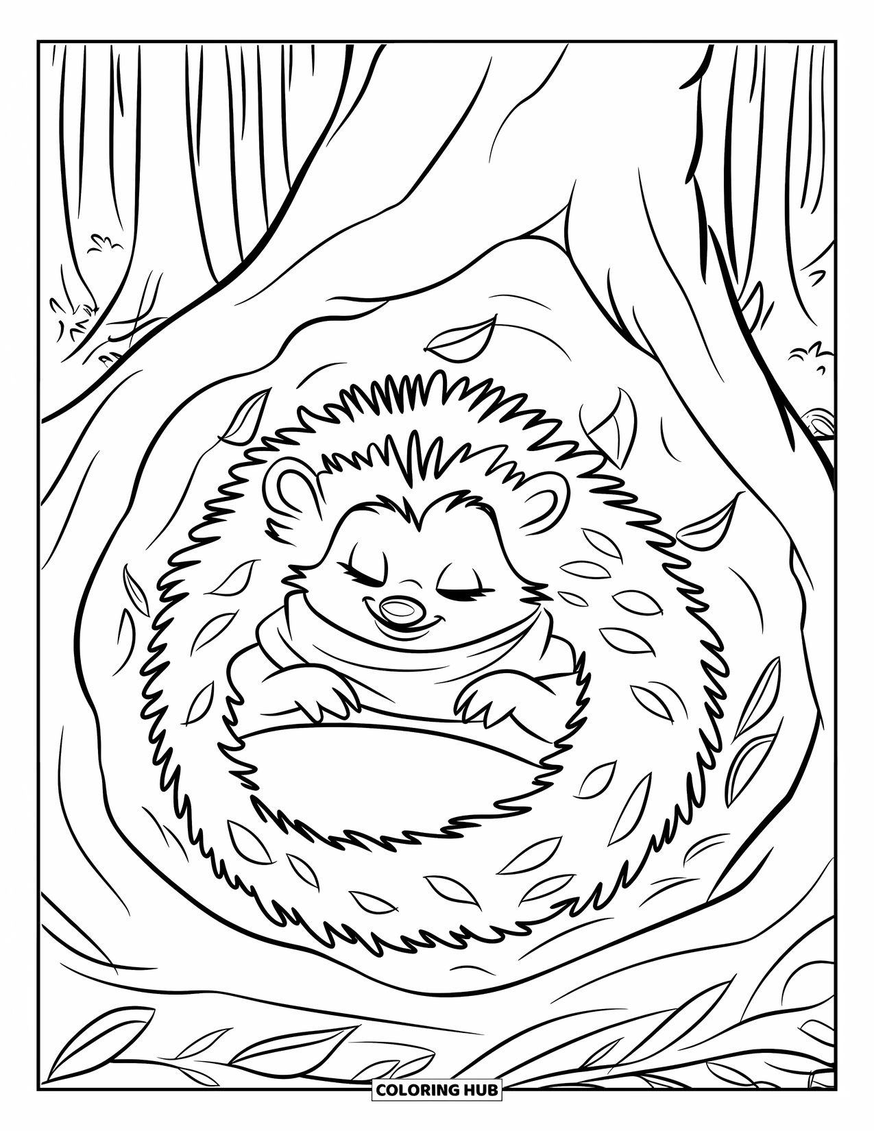 Hedgehog Coloring Page for Kids: A scarf-wearing hedgehog snoozes in a leafy hollow with little forest animals