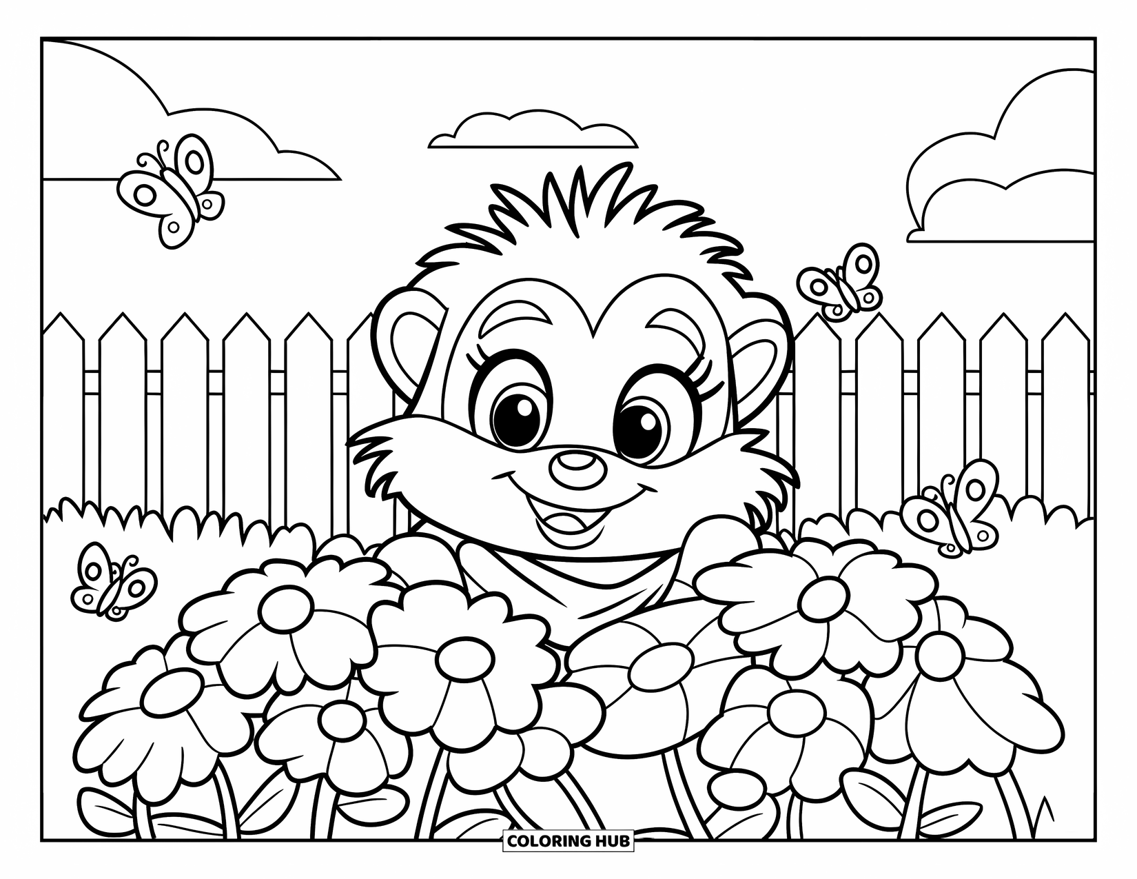 Hedgehog Coloring Page for Kids: A scarfed hedgehog peeks behind flowers with butterflies flying nearby
