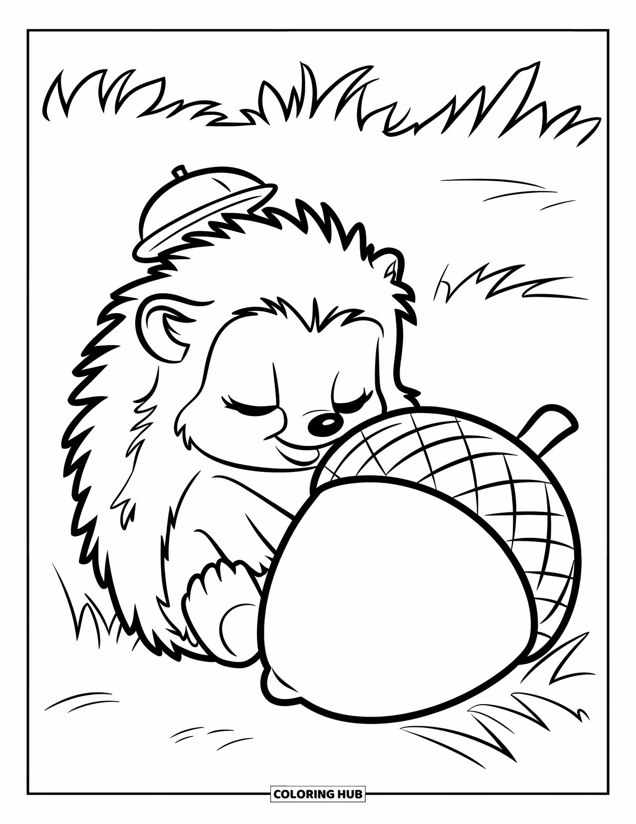 Hedgehog Coloring Page for Kids: A sleepy hedgehog in a tiny hat rests beside a giant acorn in a grassy field