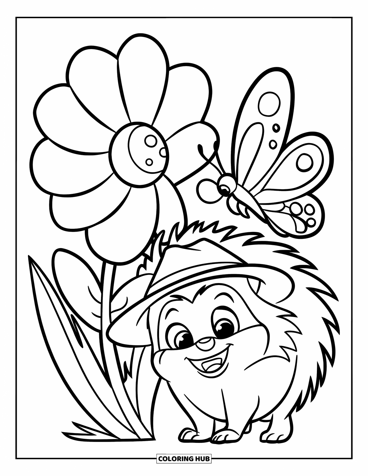 Hedgehog Coloring Page for Kids: A smiling hedgehog in a hat rests near a big flower and friendly butterfly