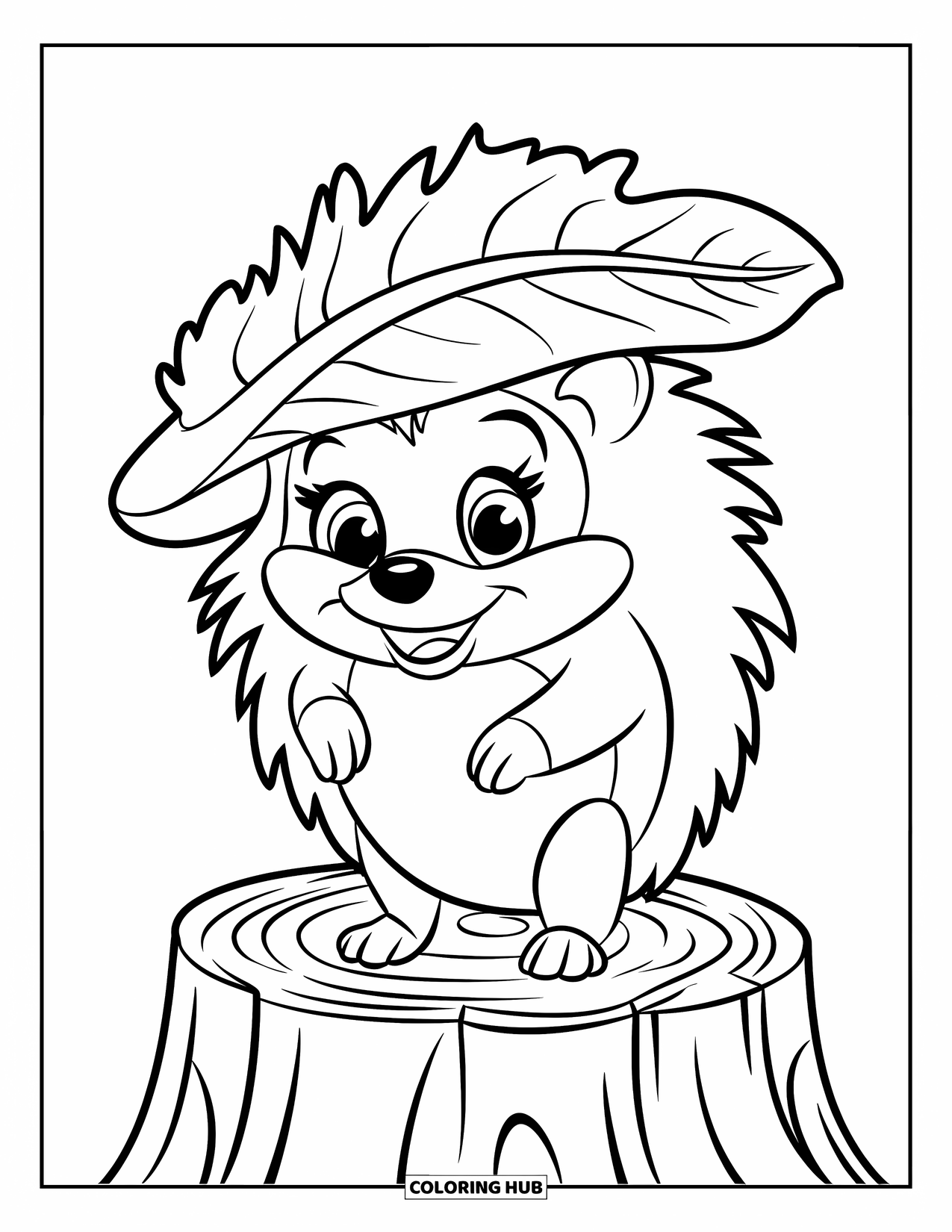Hedgehog Coloring Page for Kids: A smiling hedgehog in a leaf hat stands proudly on a stump