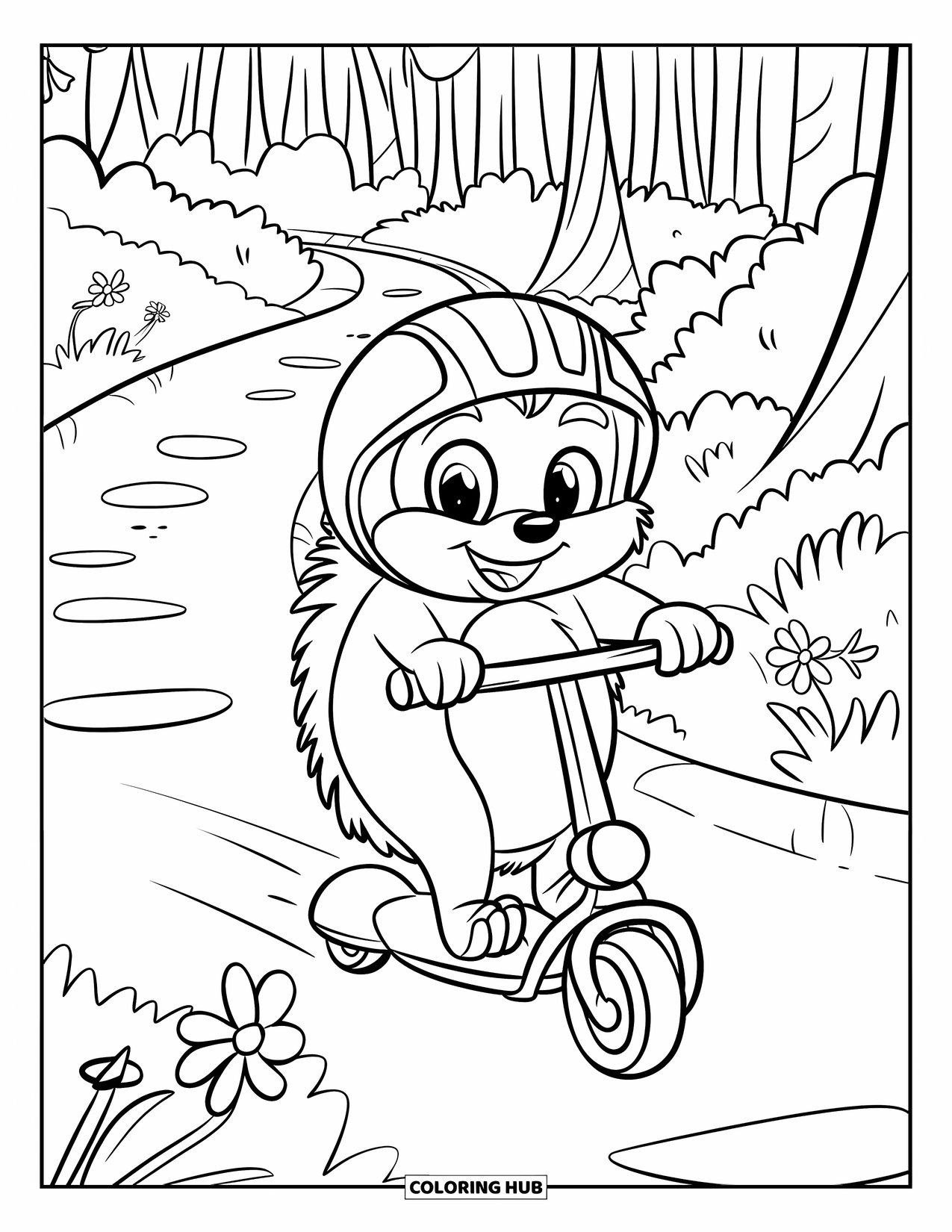 Hedgehog Coloring Page for Kids: A smiling hedgehog on a scooter glides down a flower-lined forest trail