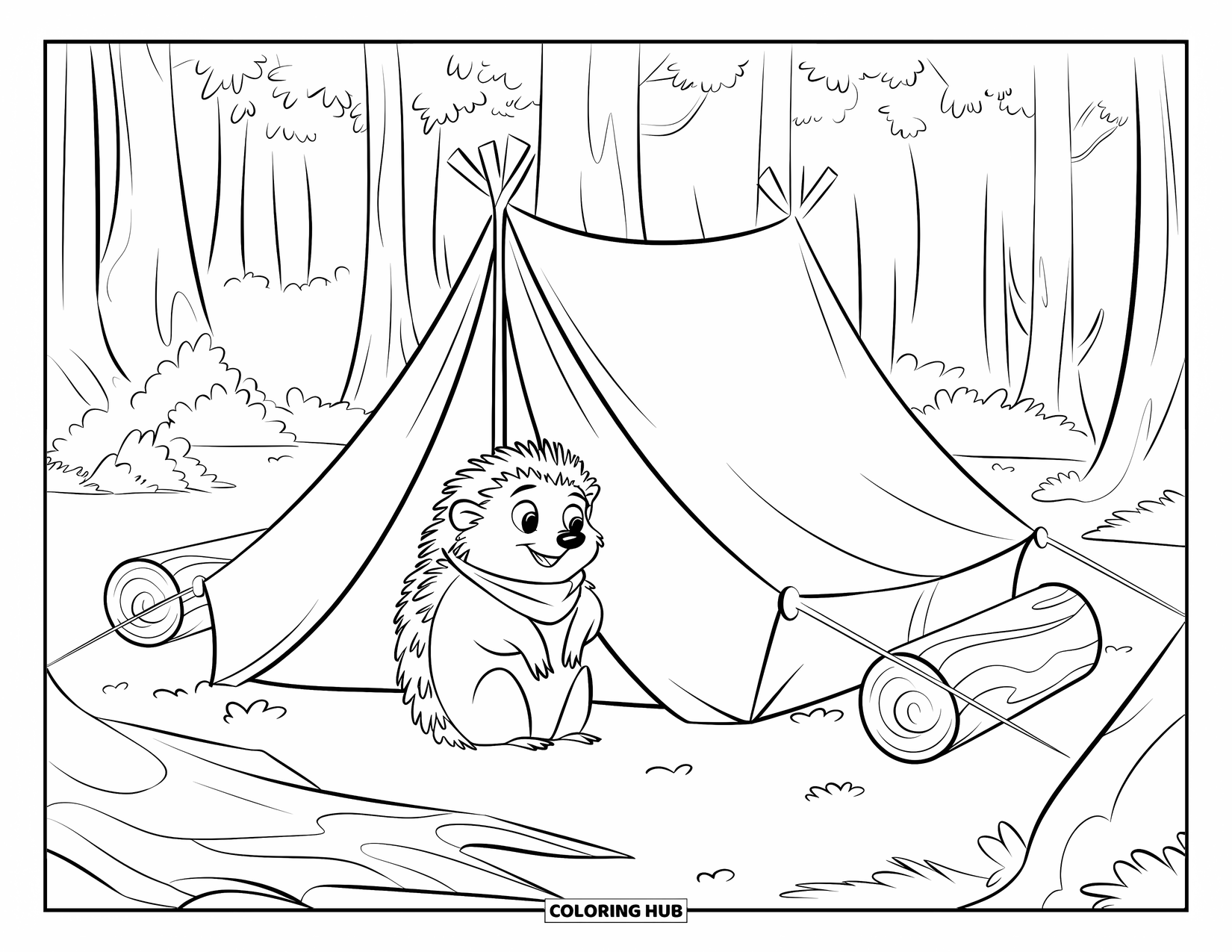 Hedgehog Coloring Page for Kids: A smiling hedgehog sits on a log beside a tent deep in the forest