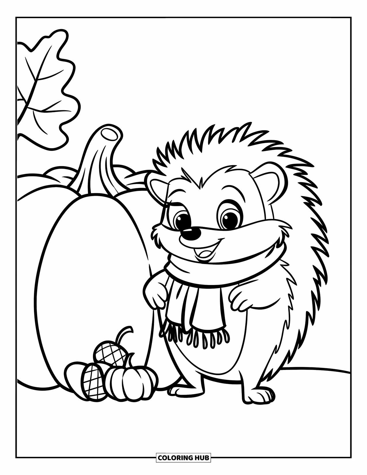 Hedgehog Coloring Page for Kids: A smiling hedgehog with a scarf stands near a pumpkin and scattered acorns