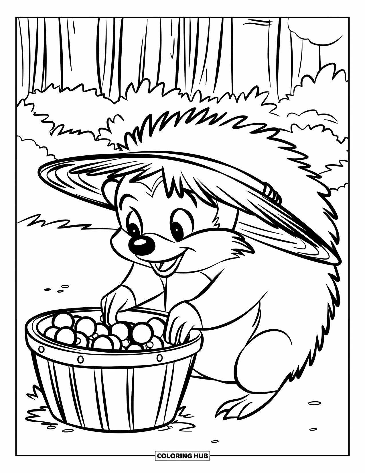 Hedgehog Coloring Page for Kids: A straw-hatted hedgehog picks berries near tall forest trees