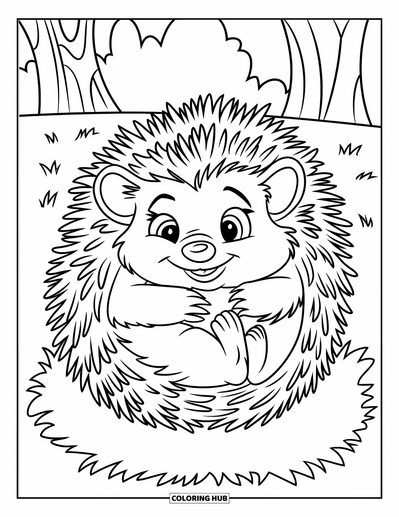 Hedgehog Coloring Page for Kids: A tiny hedgehog with sharp quills curls into a ball on grassy ground