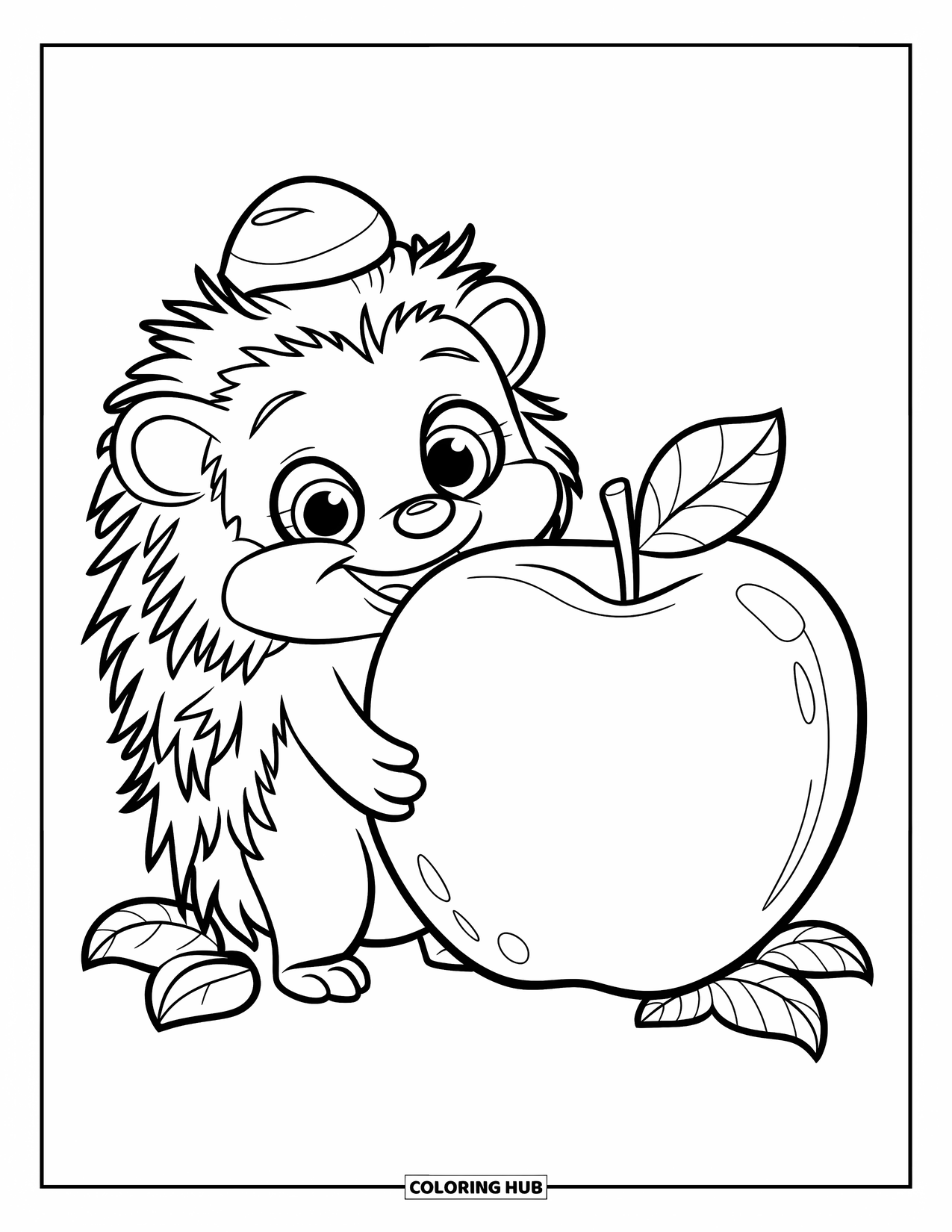 Hedgehog Coloring Page for Kids: A wide-eyed hedgehog in a small hat holds a huge apple with nearby leaves