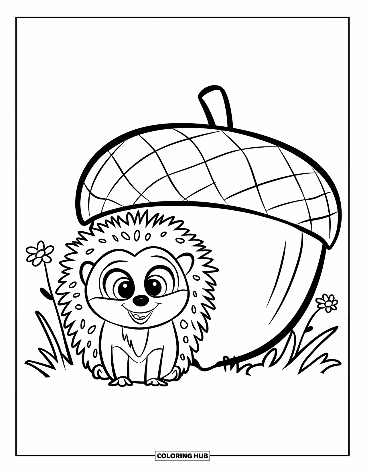 Hedgehog Coloring Page for Kids: A wide-eyed hedgehog sits next to a large acorn and small flowers on the grass
