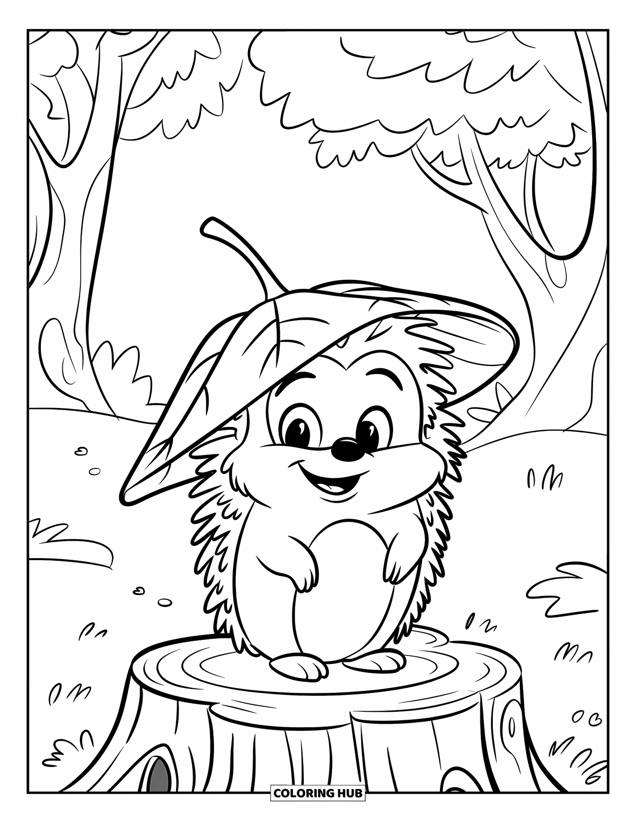 Hedgehog Coloring Page for Kids: A wide-smiling hedgehog in a leaf hat stands on a stump in the forest